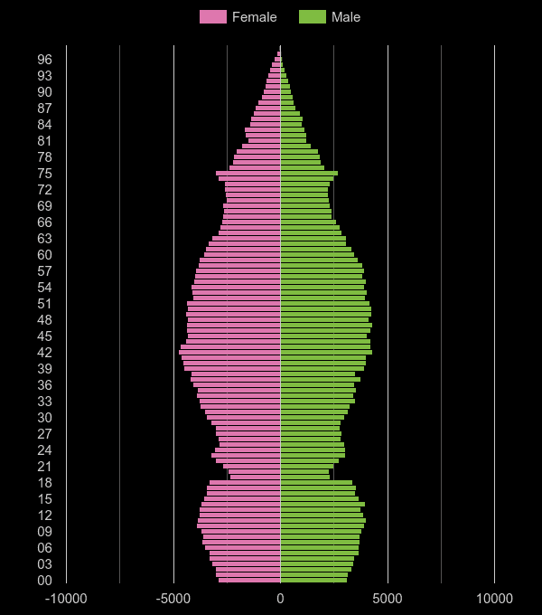 Kingston upon Thames population pyramid by year