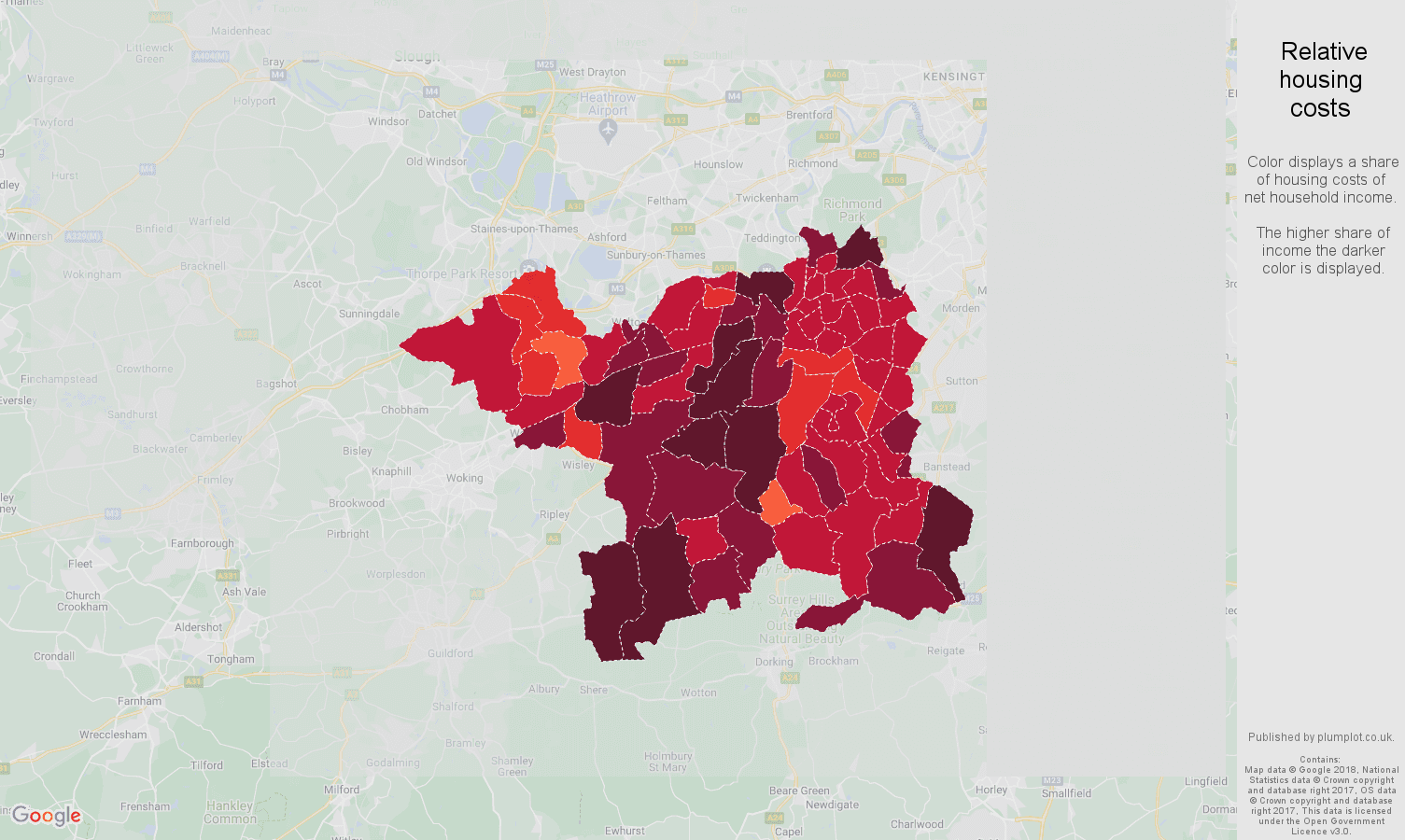 Kingston upon Thames relative housing costs map