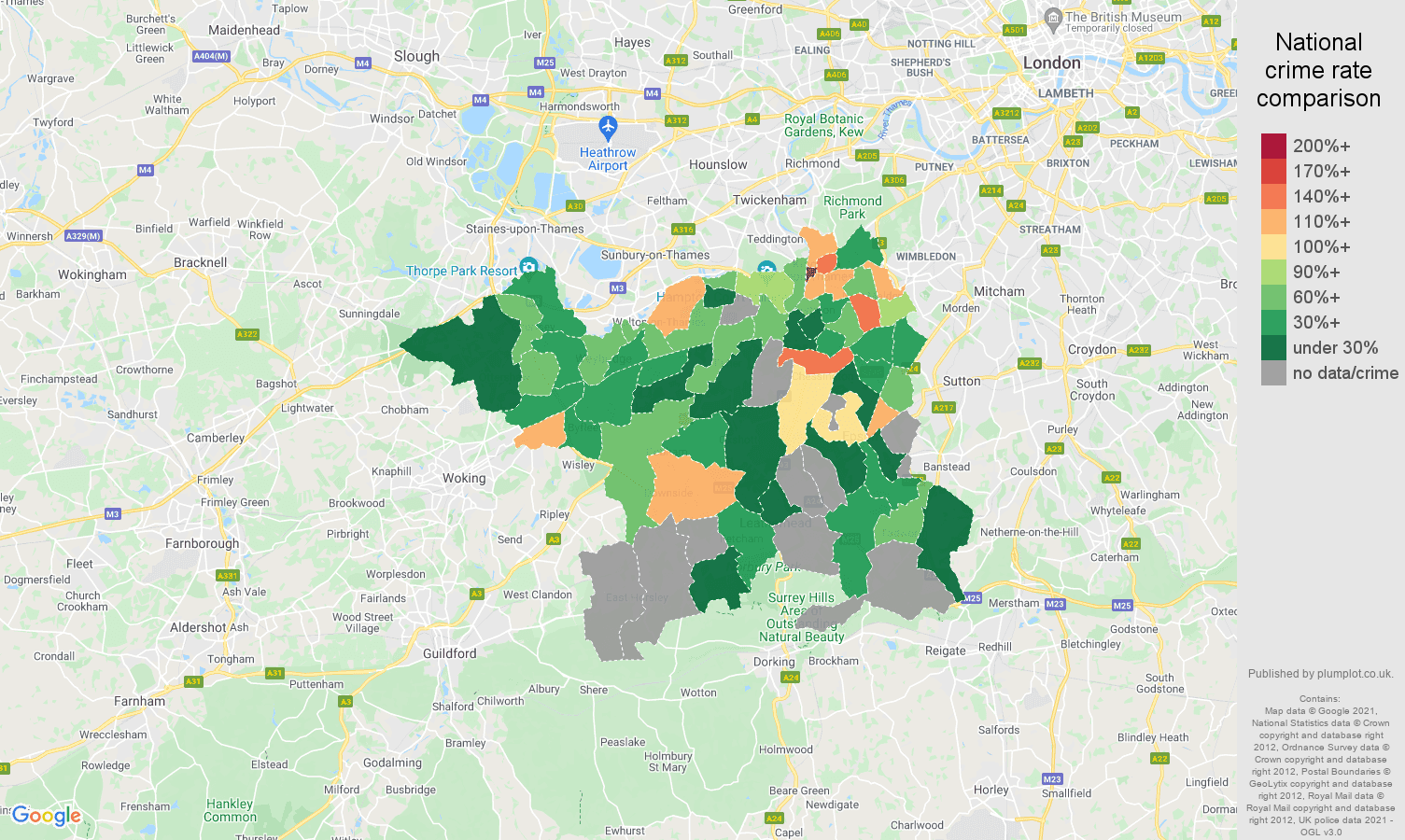 Kingston upon Thames robbery crime rate comparison map