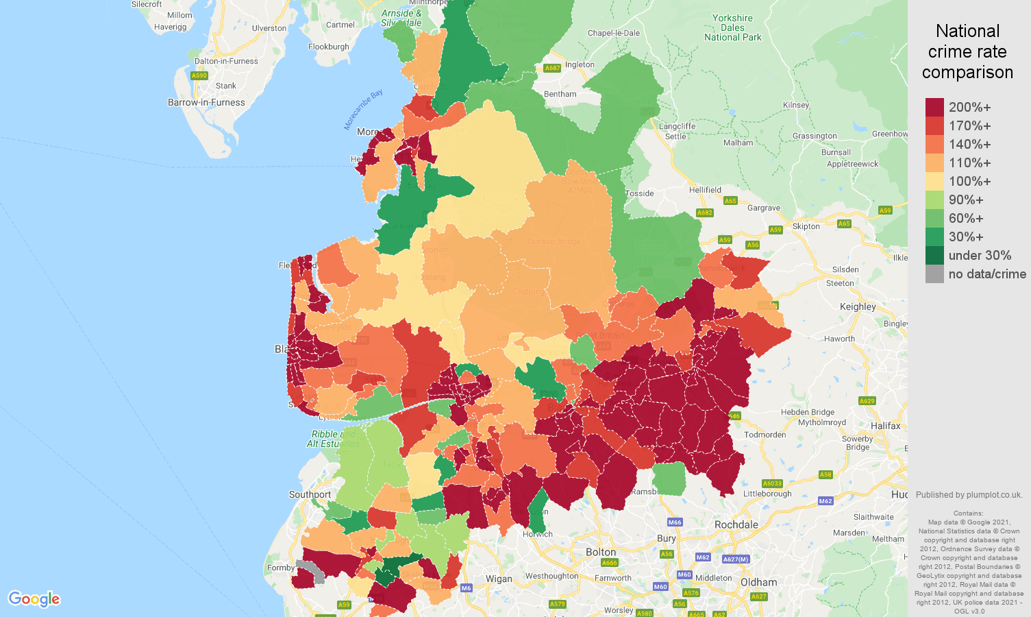 Lancashire antisocial behaviour crime rate comparison map