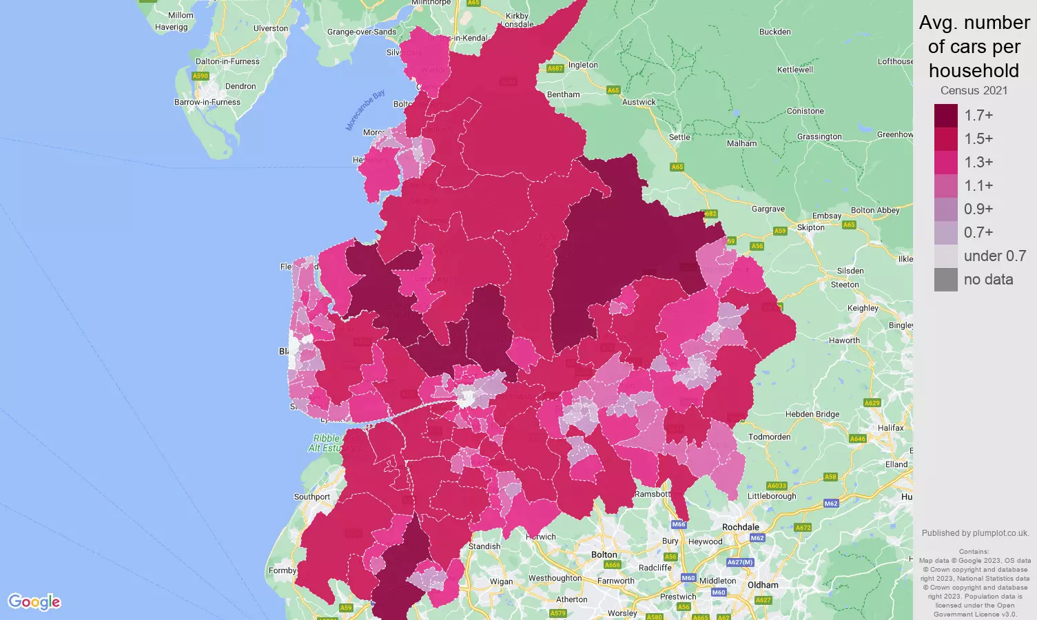 Lancashire cars per household map