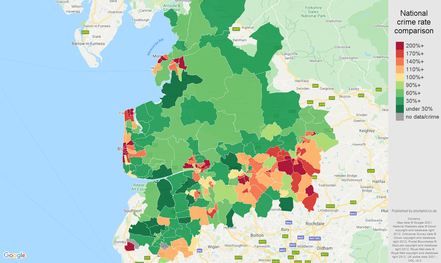 Lancashire criminal damage and arson crime rate comparison map