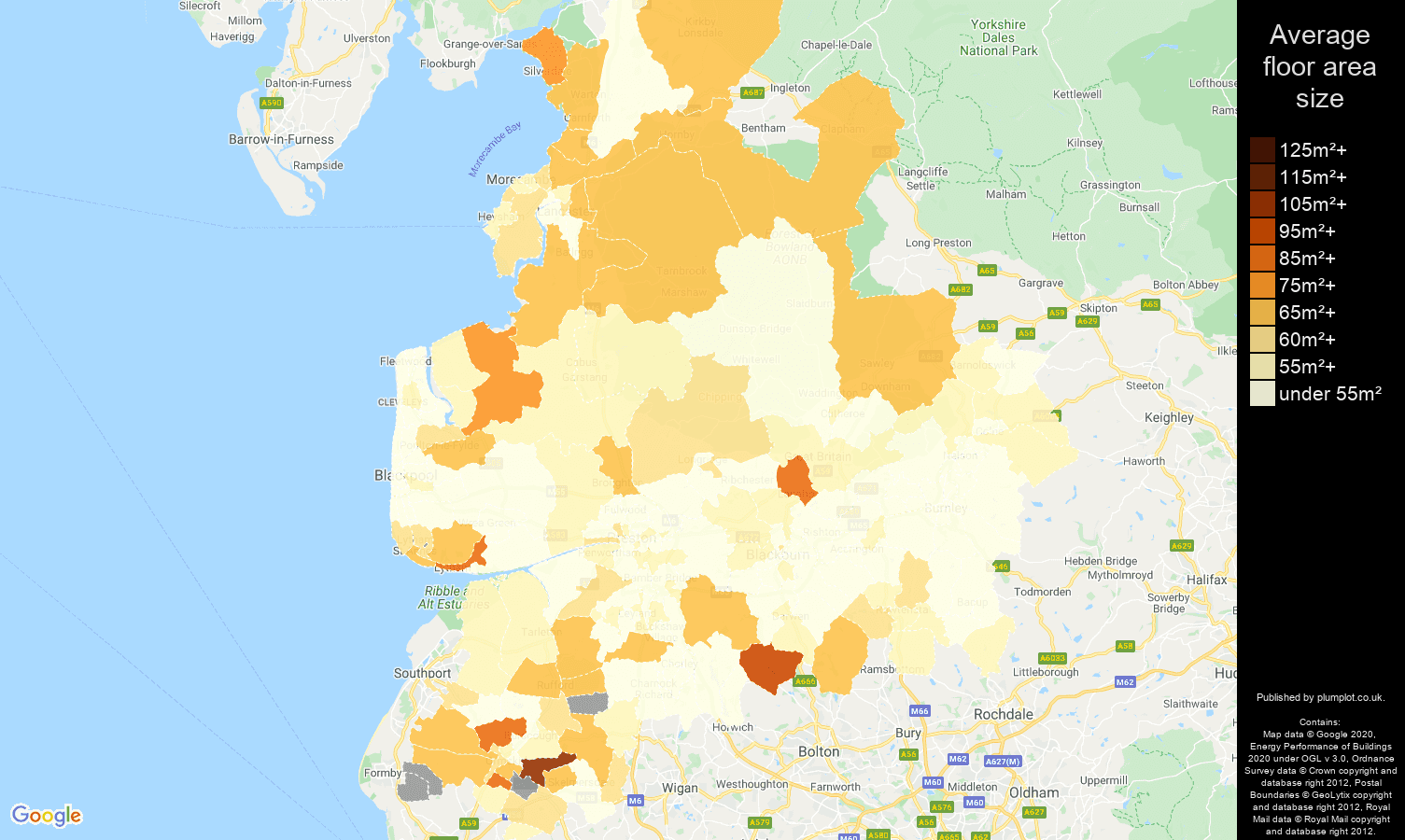 Lancashire map of average floor area size of flats