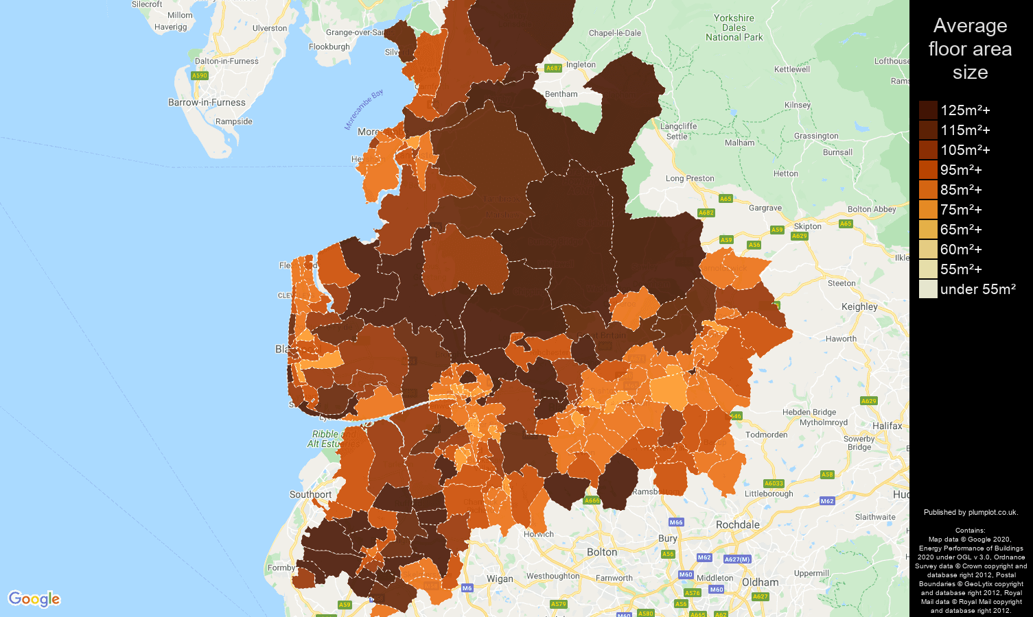Lancashire map of average floor area size of houses