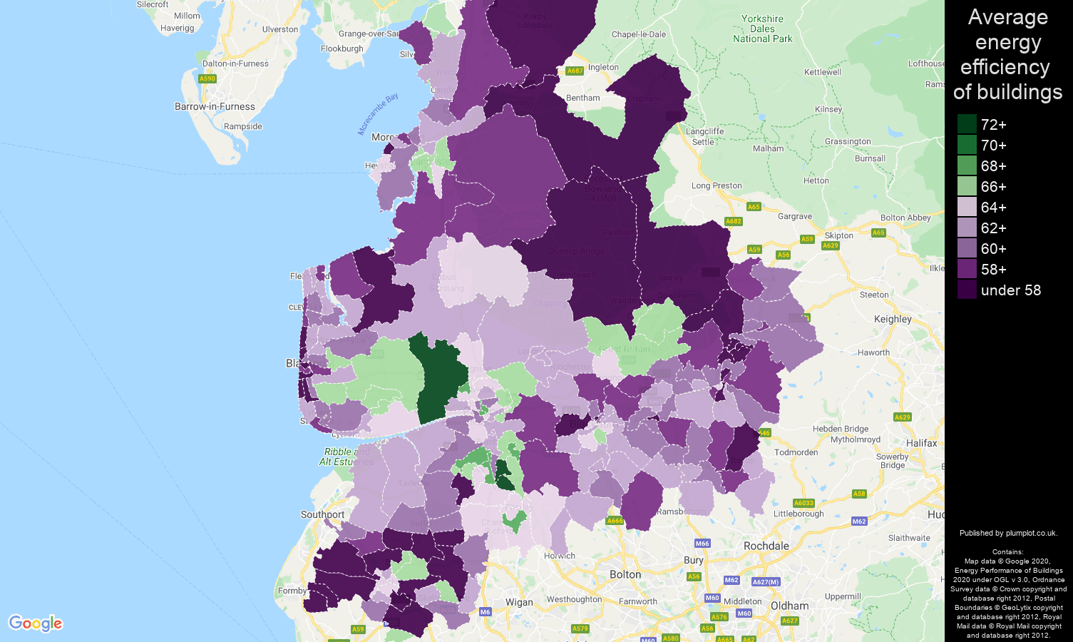 Lancashire map of energy efficiency of properties