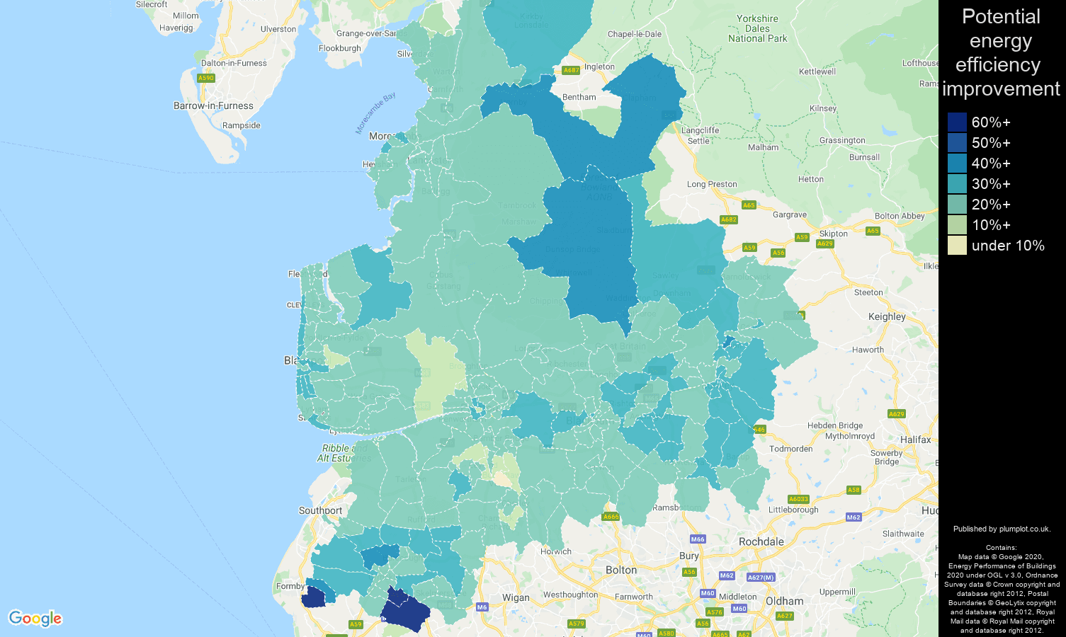 Lancashire map of potential energy efficiency improvement of houses