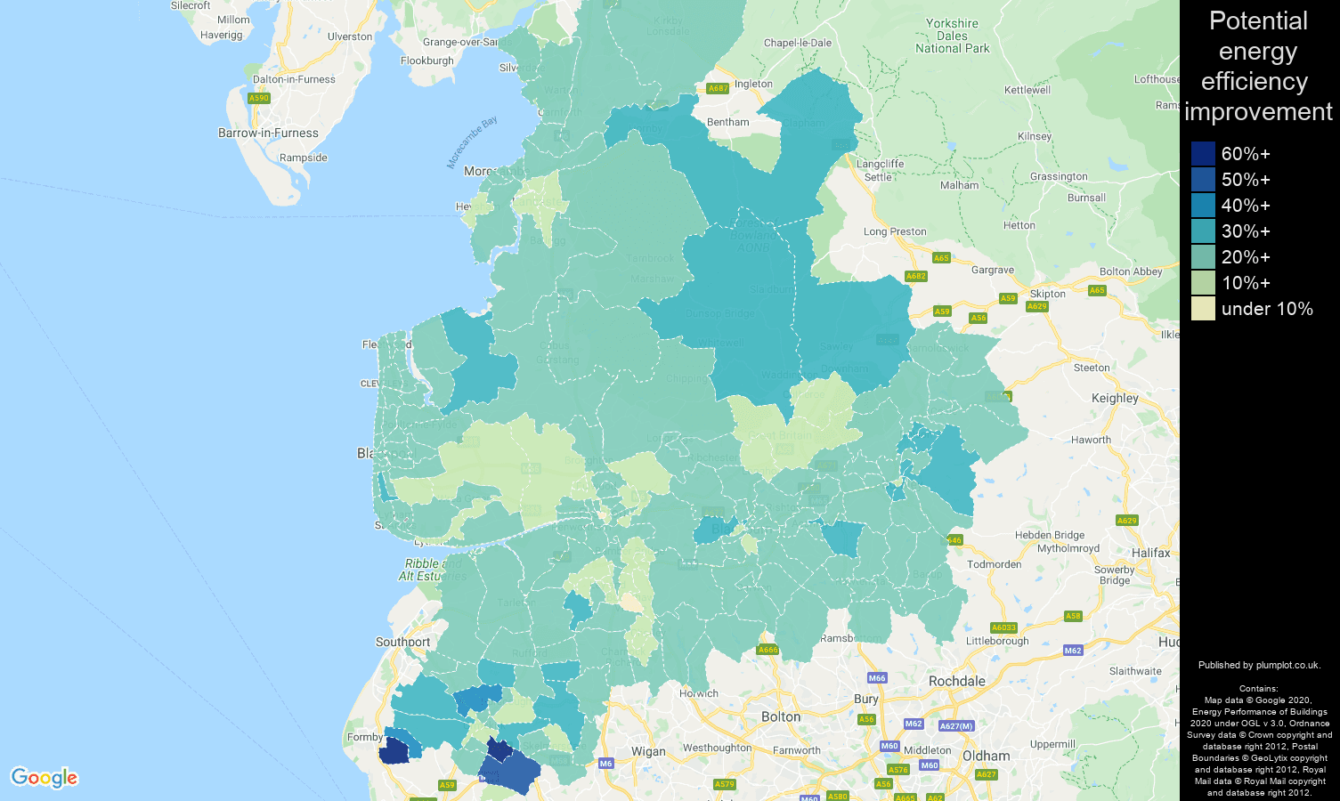 Lancashire map of potential energy efficiency improvement of properties