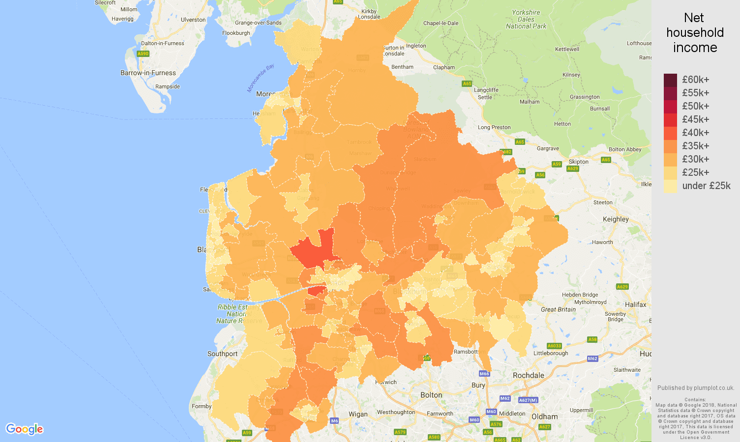 Lancashire net household income map