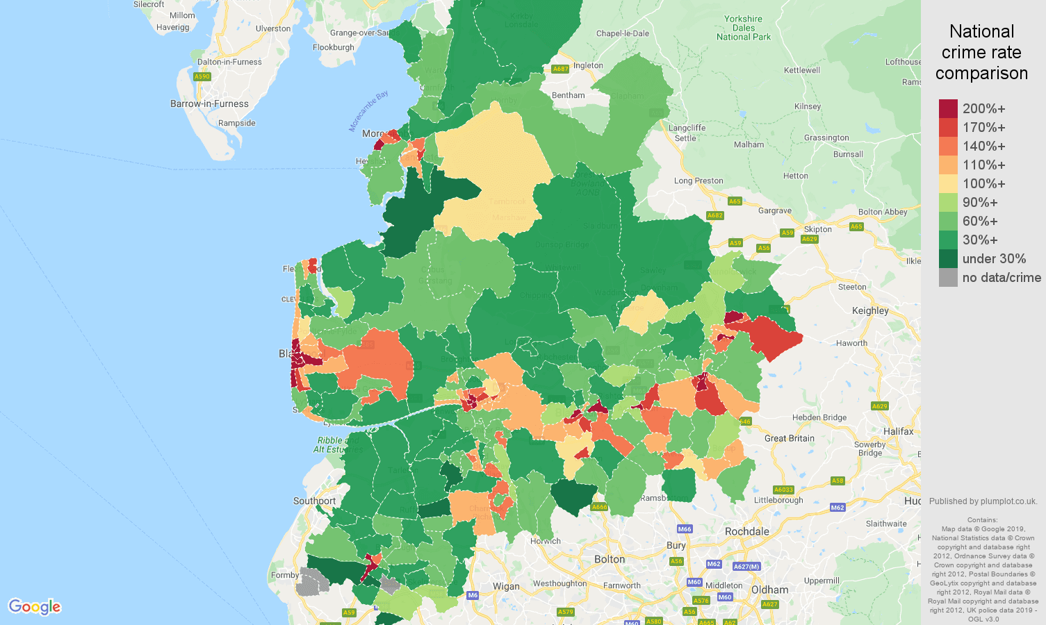 Lancashire other theft crime rate comparison map