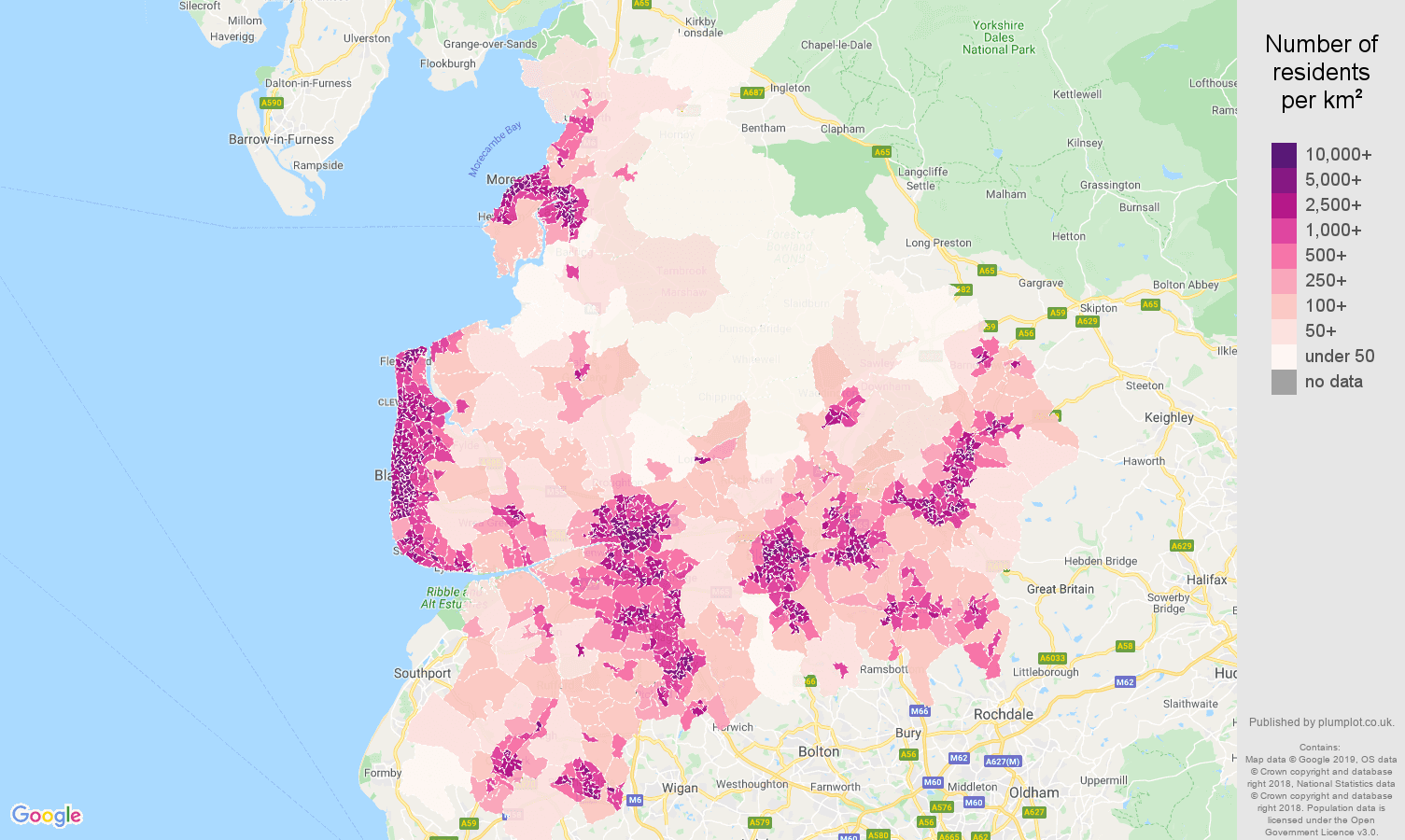Lancashire population density map