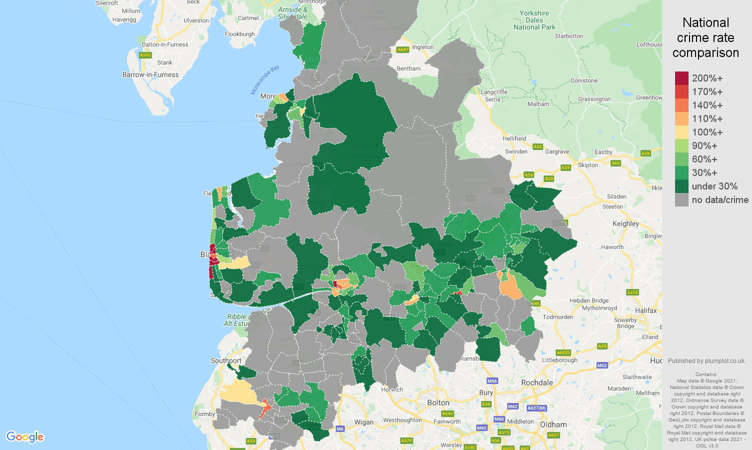 Lancashire theft from the person crime rate comparison map