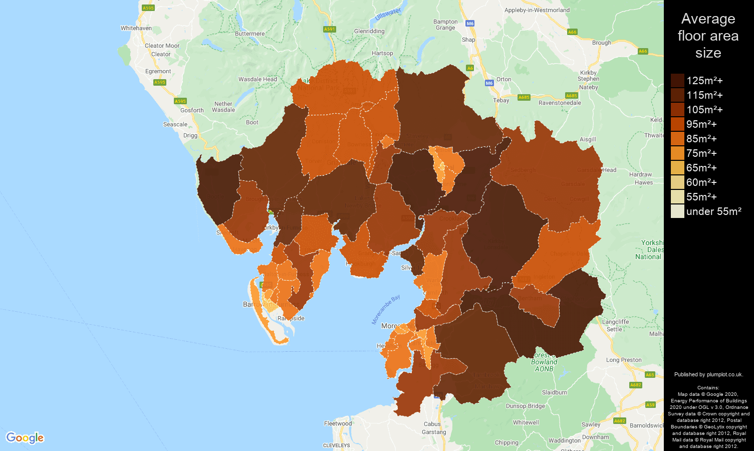 Lancaster map of average floor area size of properties