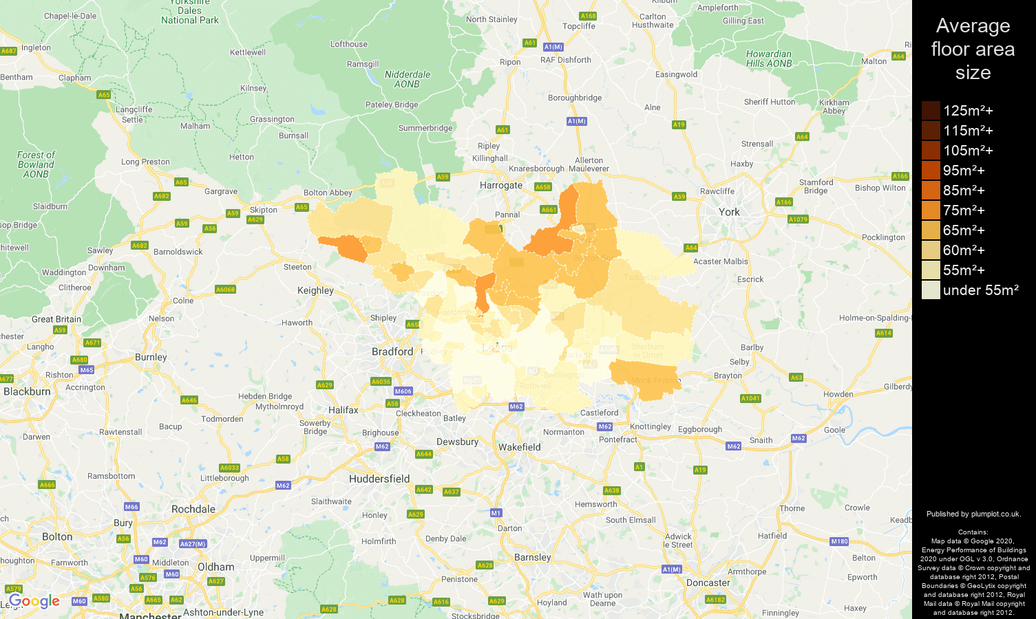 Leeds map of average floor area size of flats