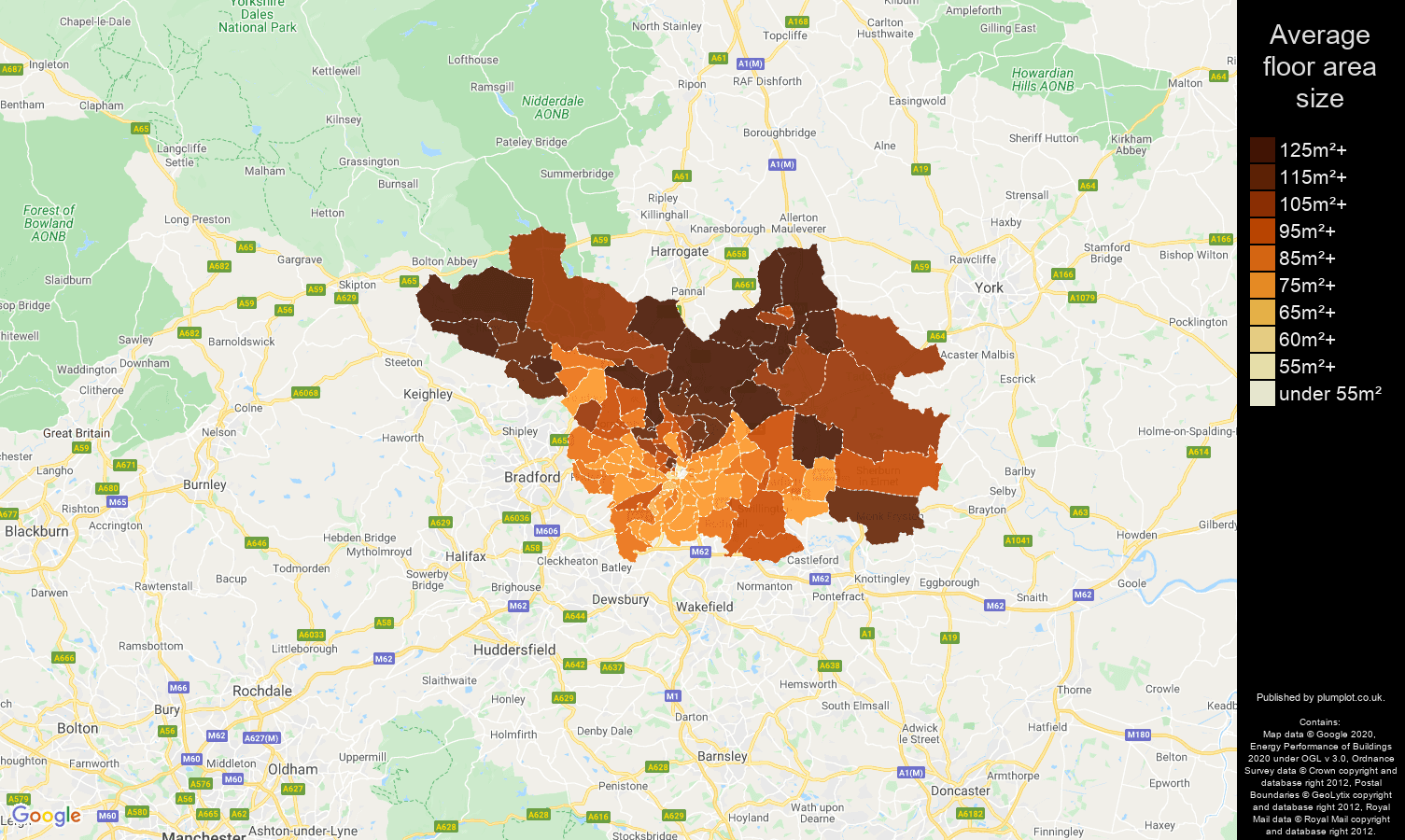Leeds map of average floor area size of houses