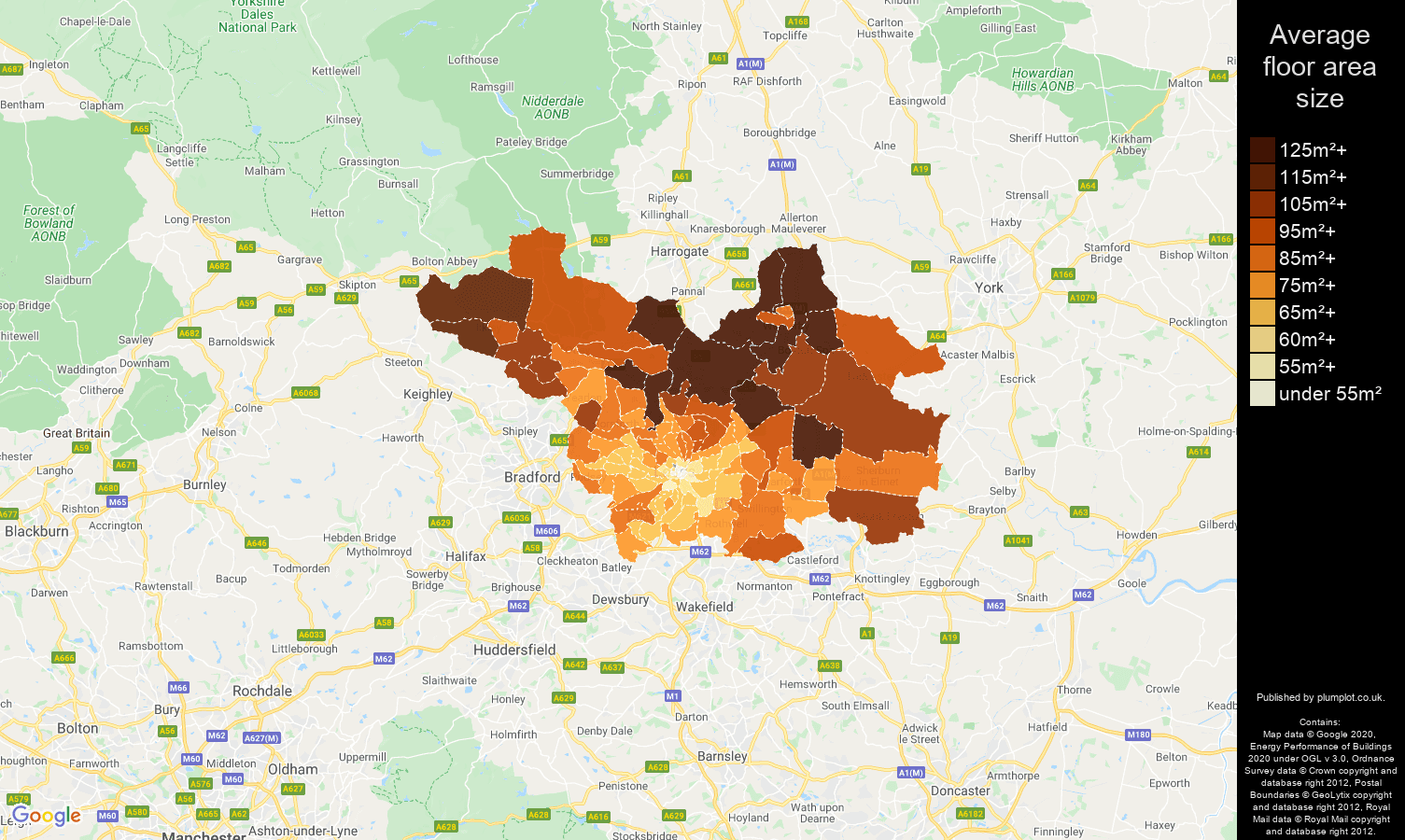 Leeds map of average floor area size of properties
