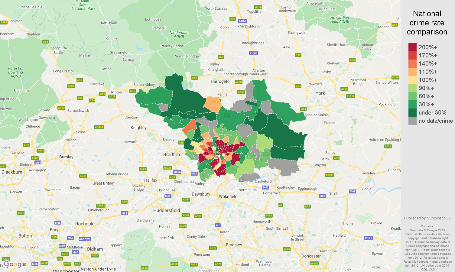 Leeds possession of weapons crime rate comparison map
