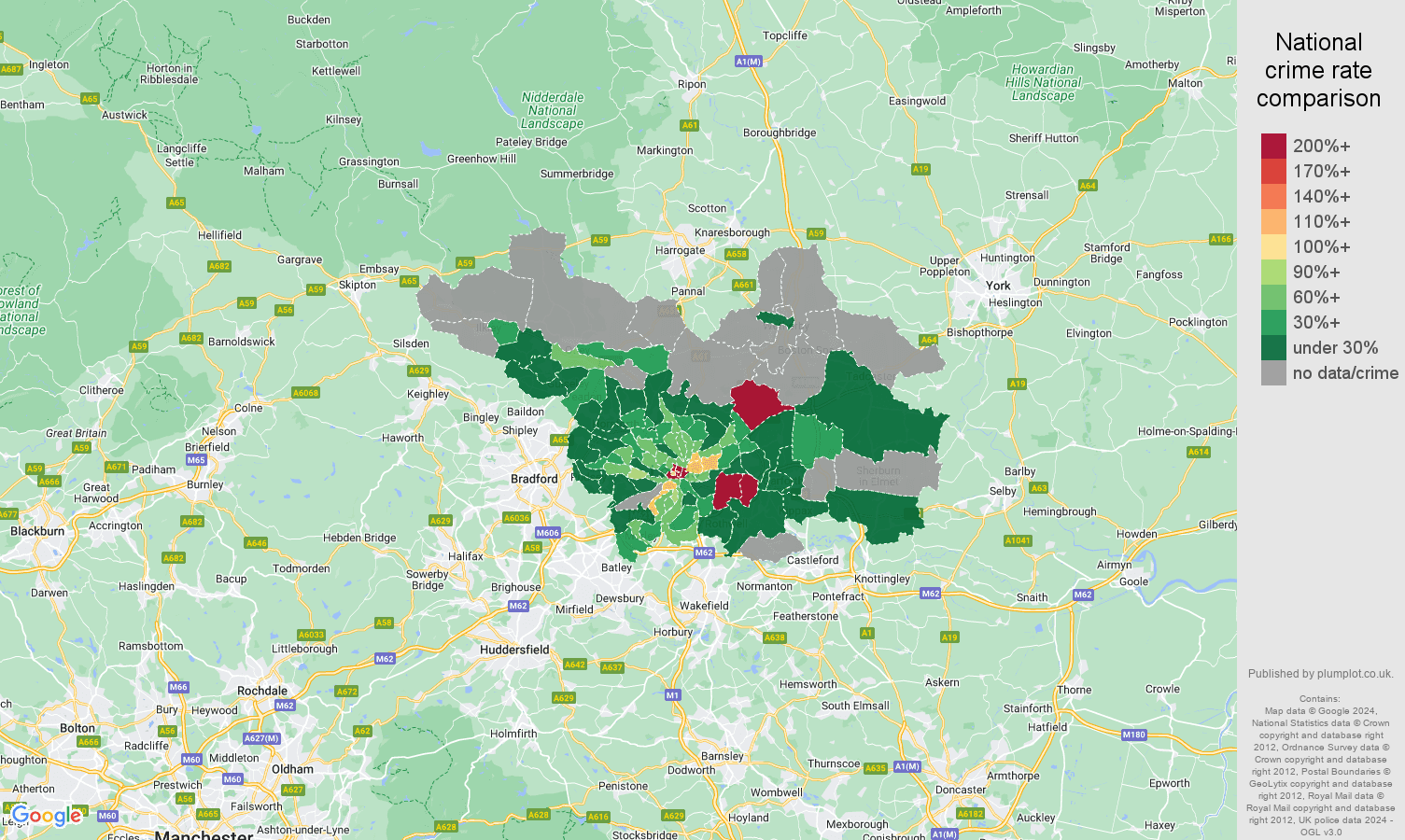 Leeds theft from the person crime rate comparison map