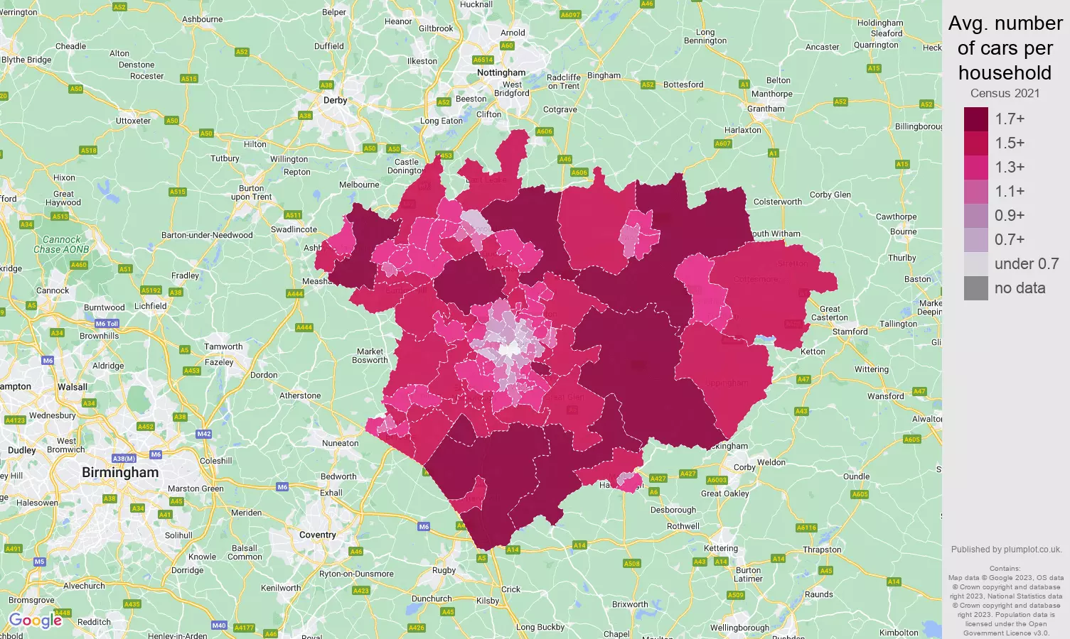 Leicester cars per household map