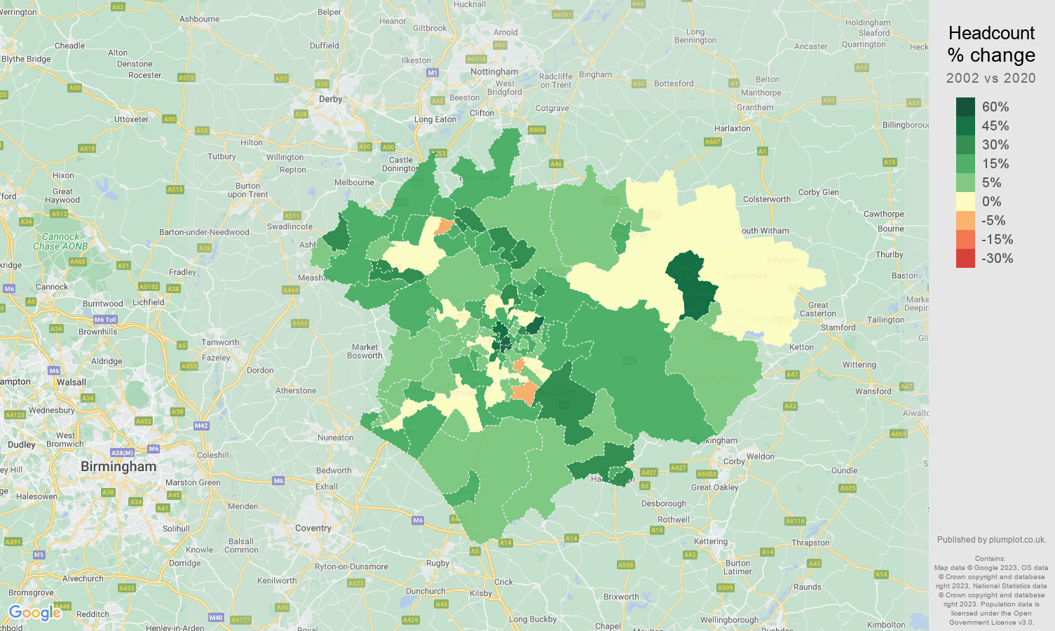 Leicester headcount change map