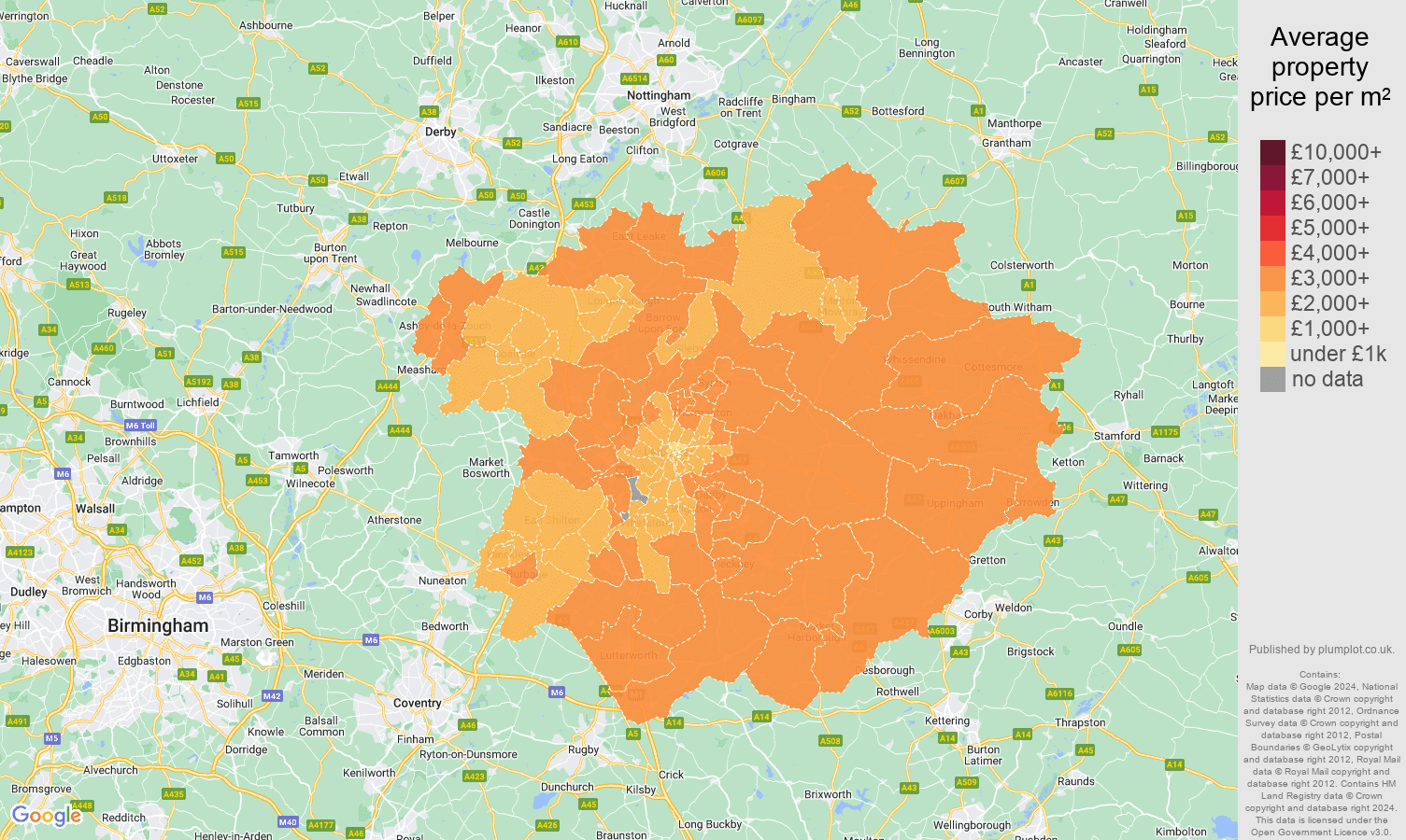Leicester house prices per square metre map