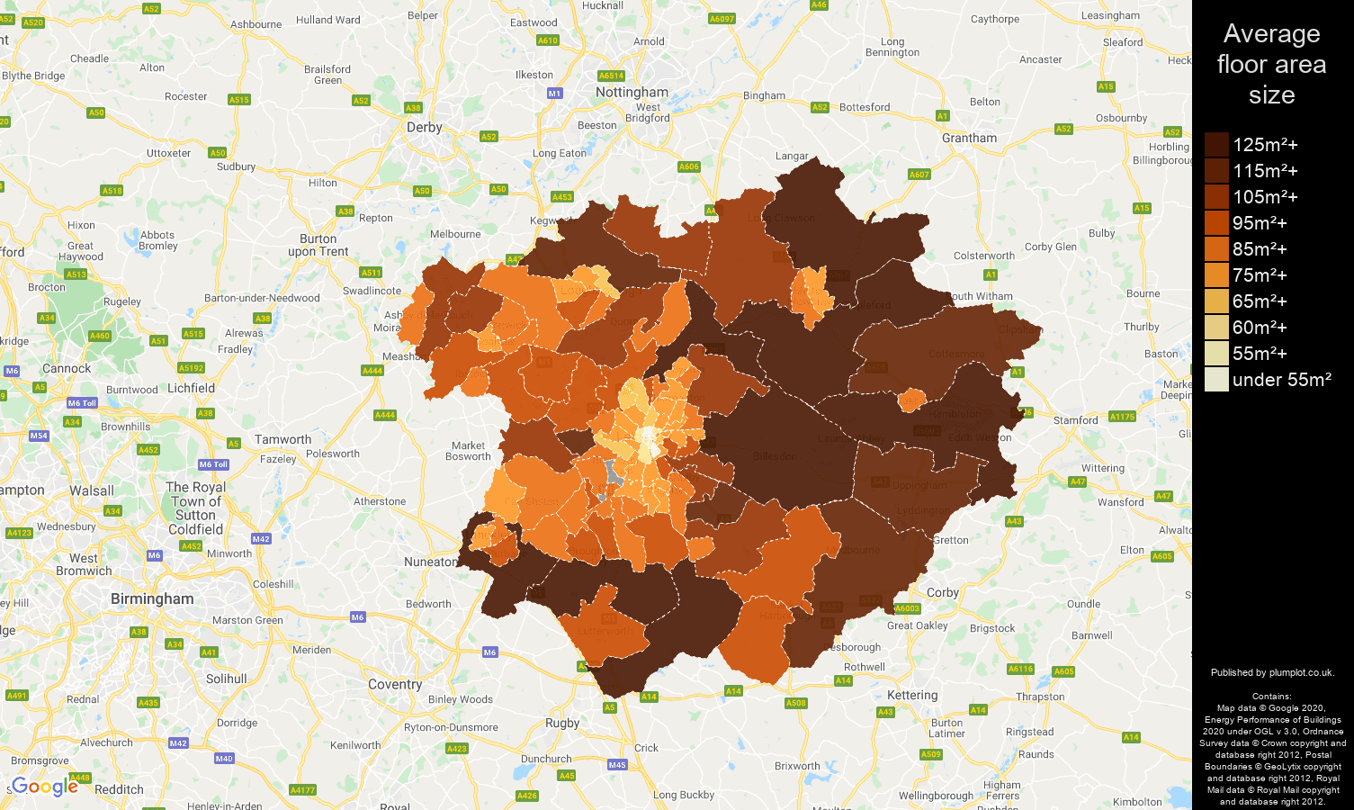 Leicester map of average floor area size of properties