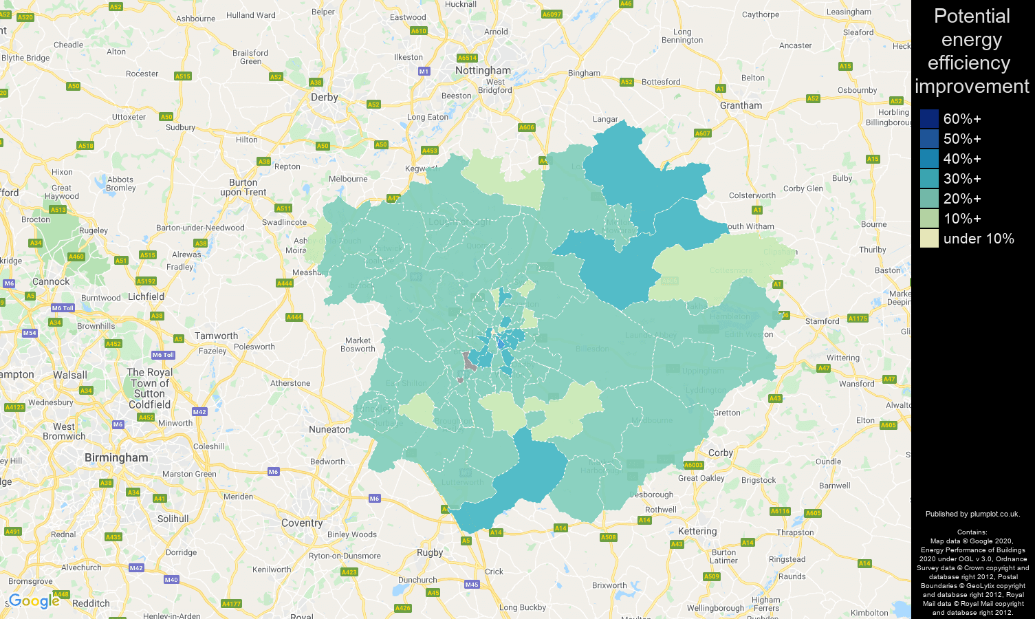 Leicester map of potential energy efficiency improvement of houses