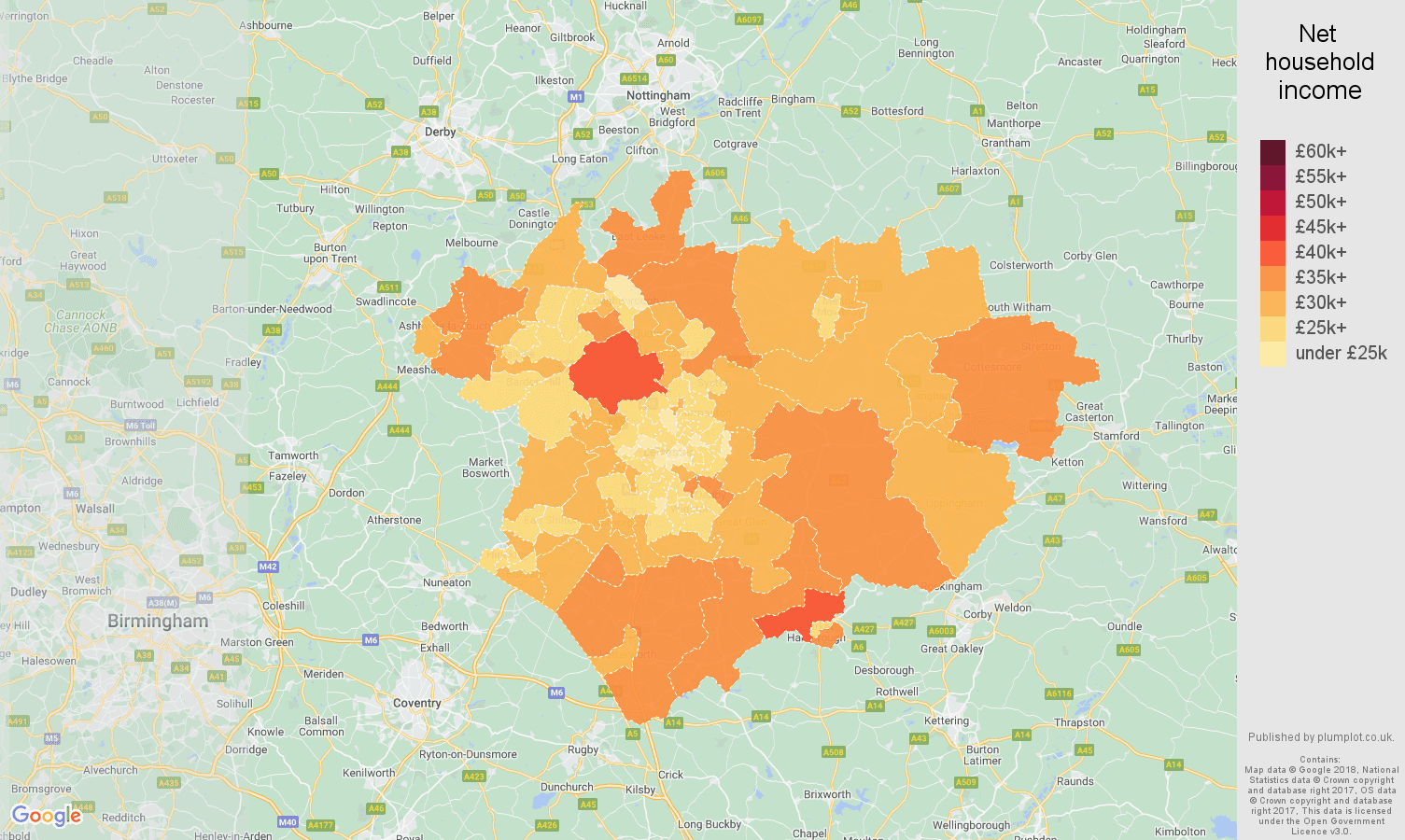 Leicester net household income map
