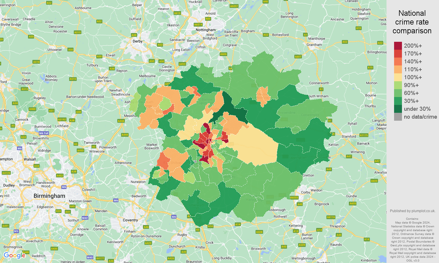 Leicester violent crime rate comparison map