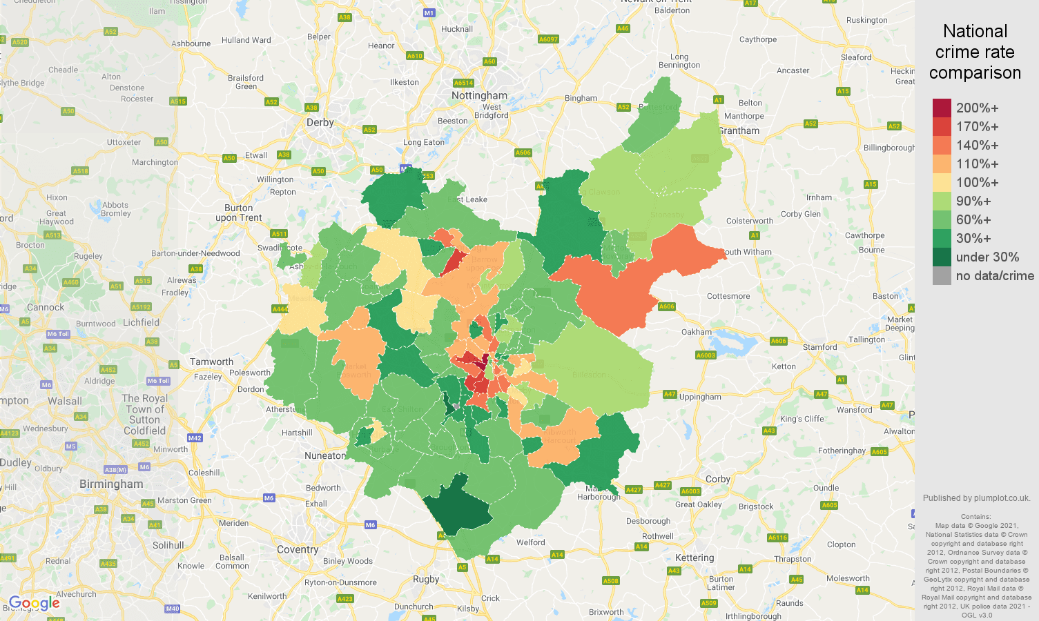 Leicestershire burglary crime rate comparison map