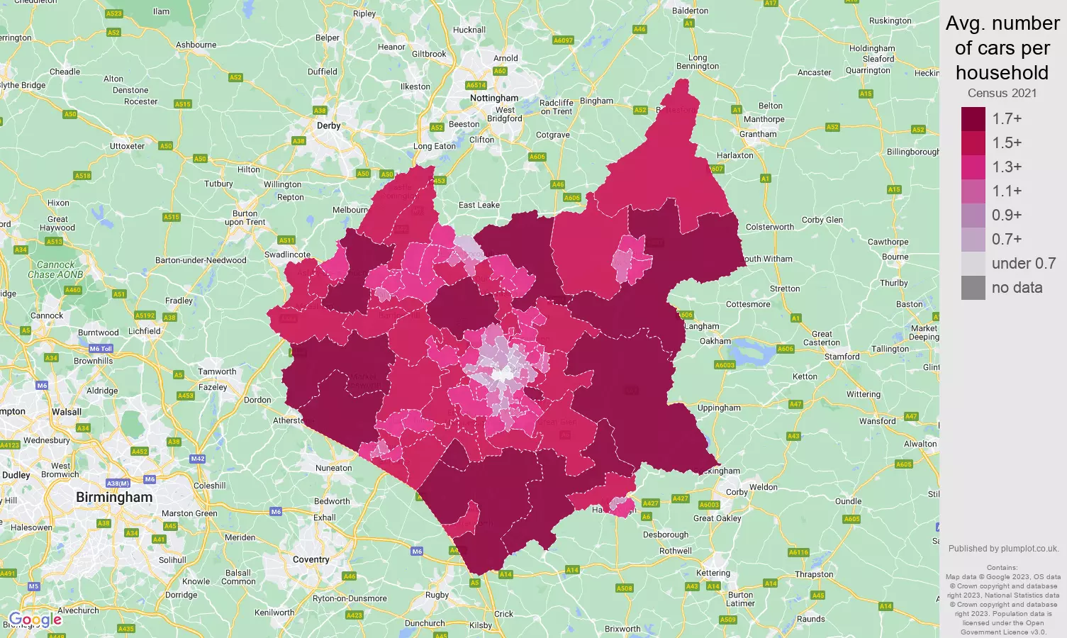 Leicestershire cars per household map