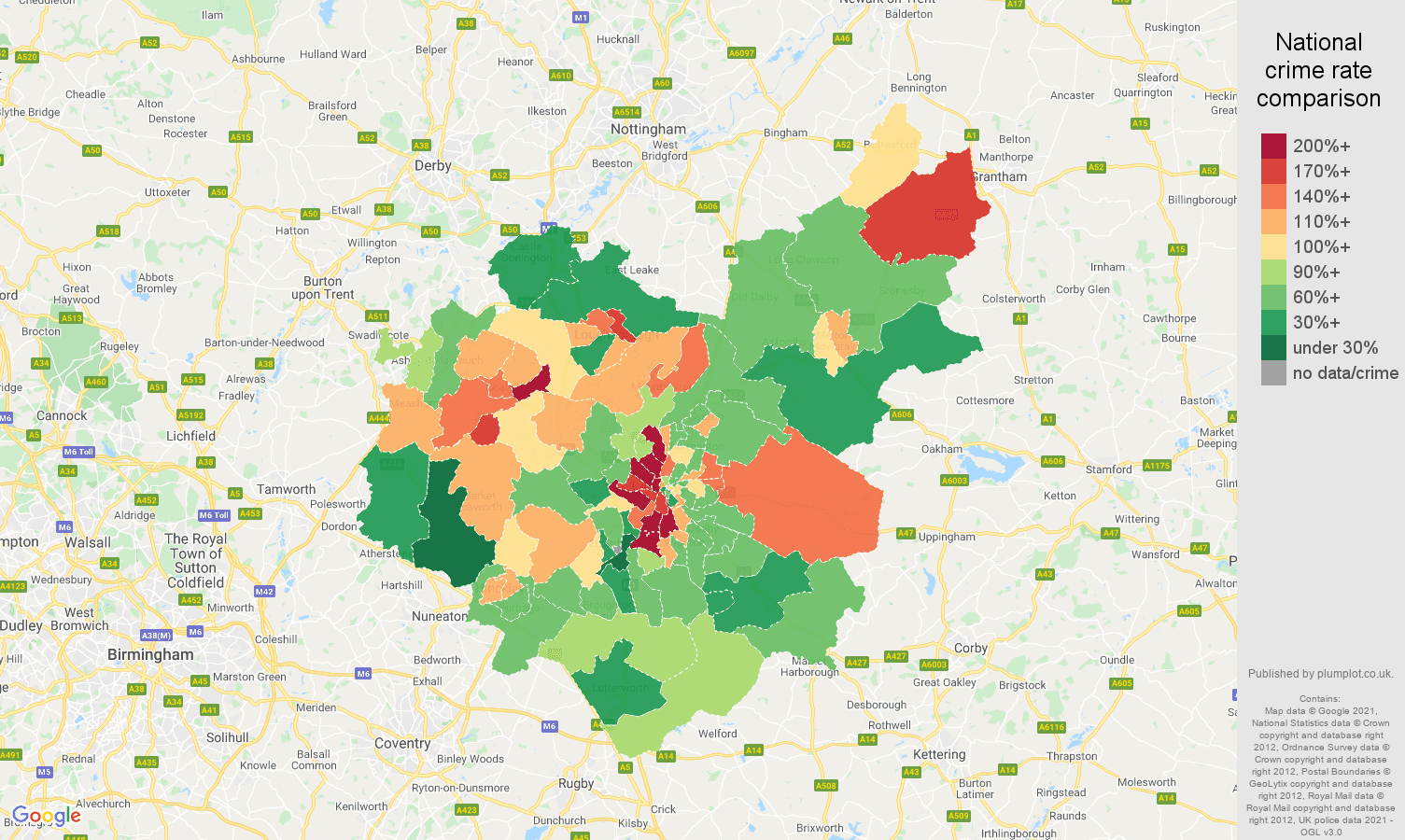 Leicestershire criminal damage and arson crime rate comparison map