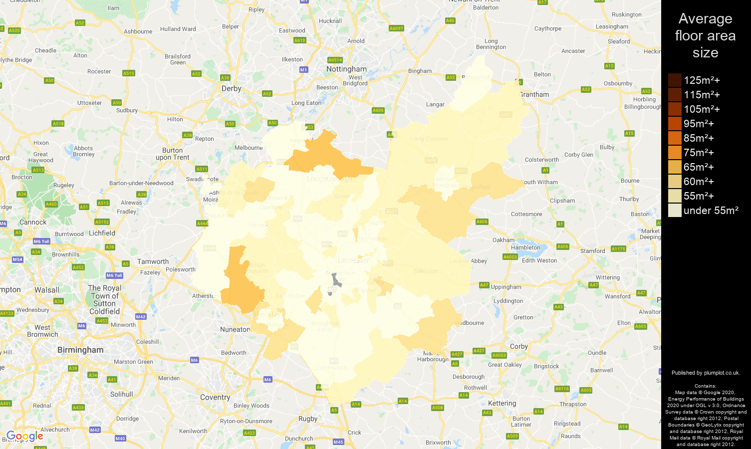 Leicestershire map of average floor area size of flats