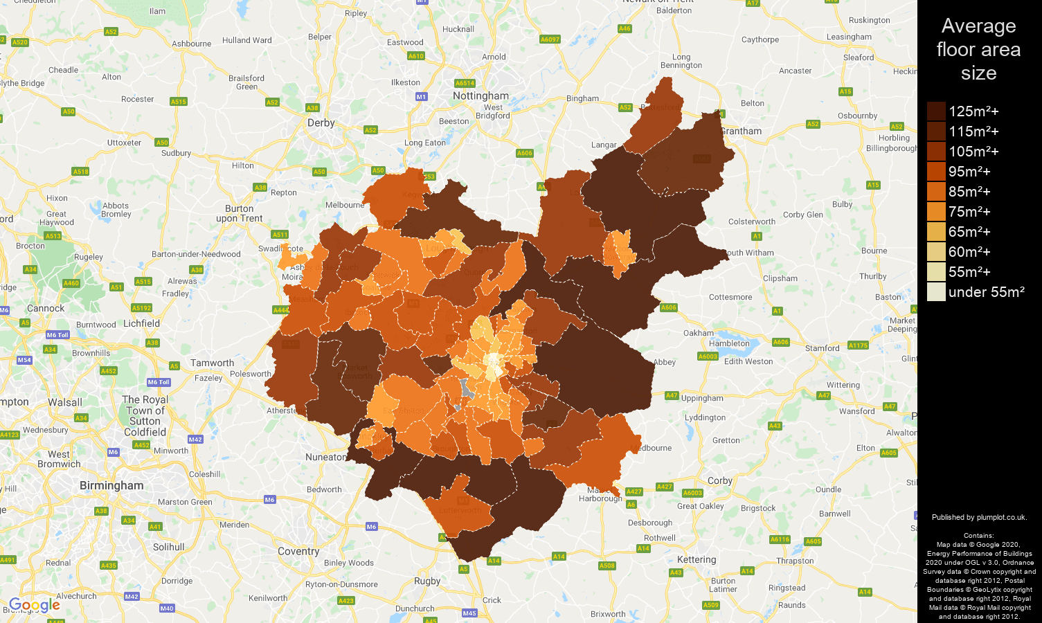Leicestershire map of average floor area size of properties