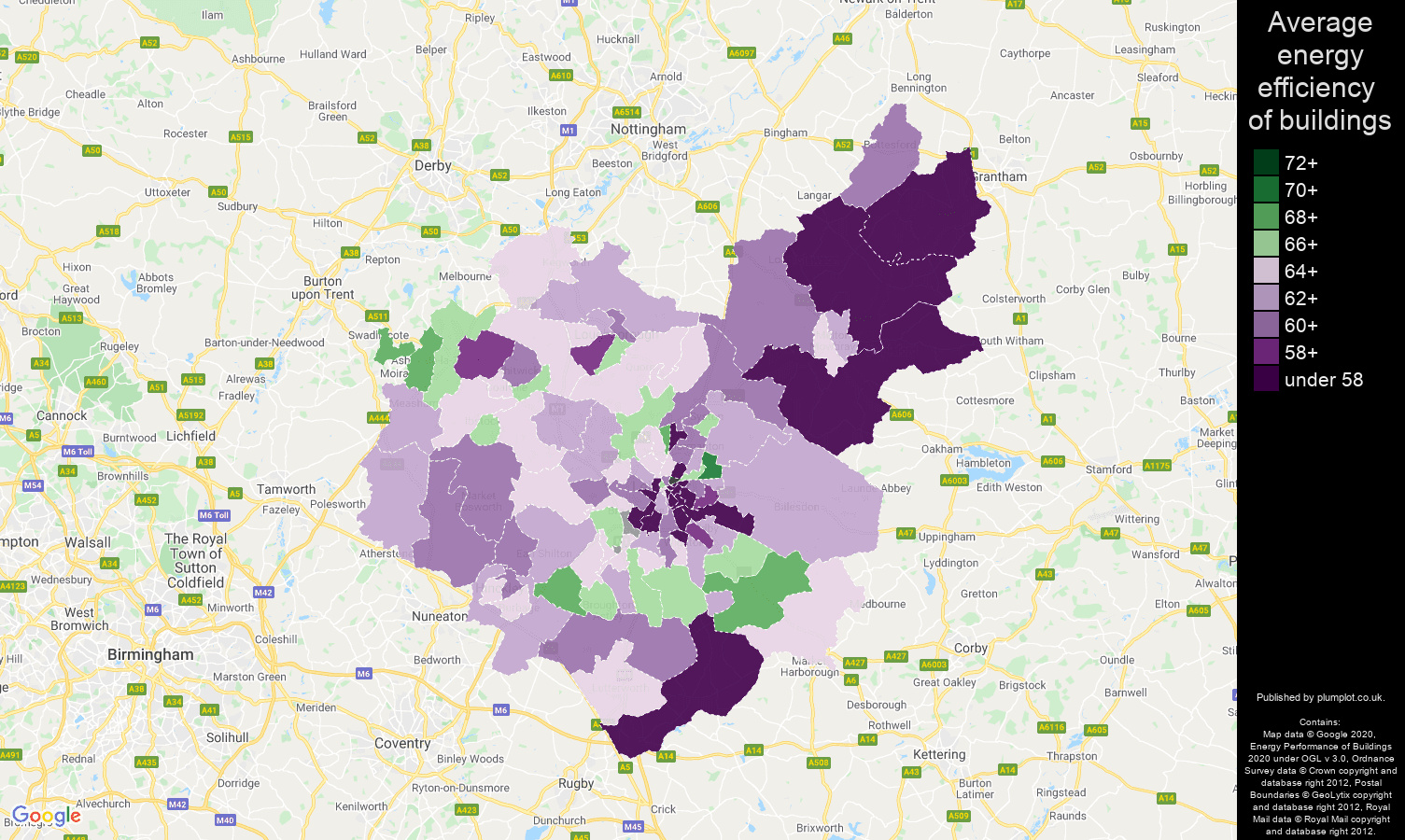 Leicestershire map of energy efficiency of houses