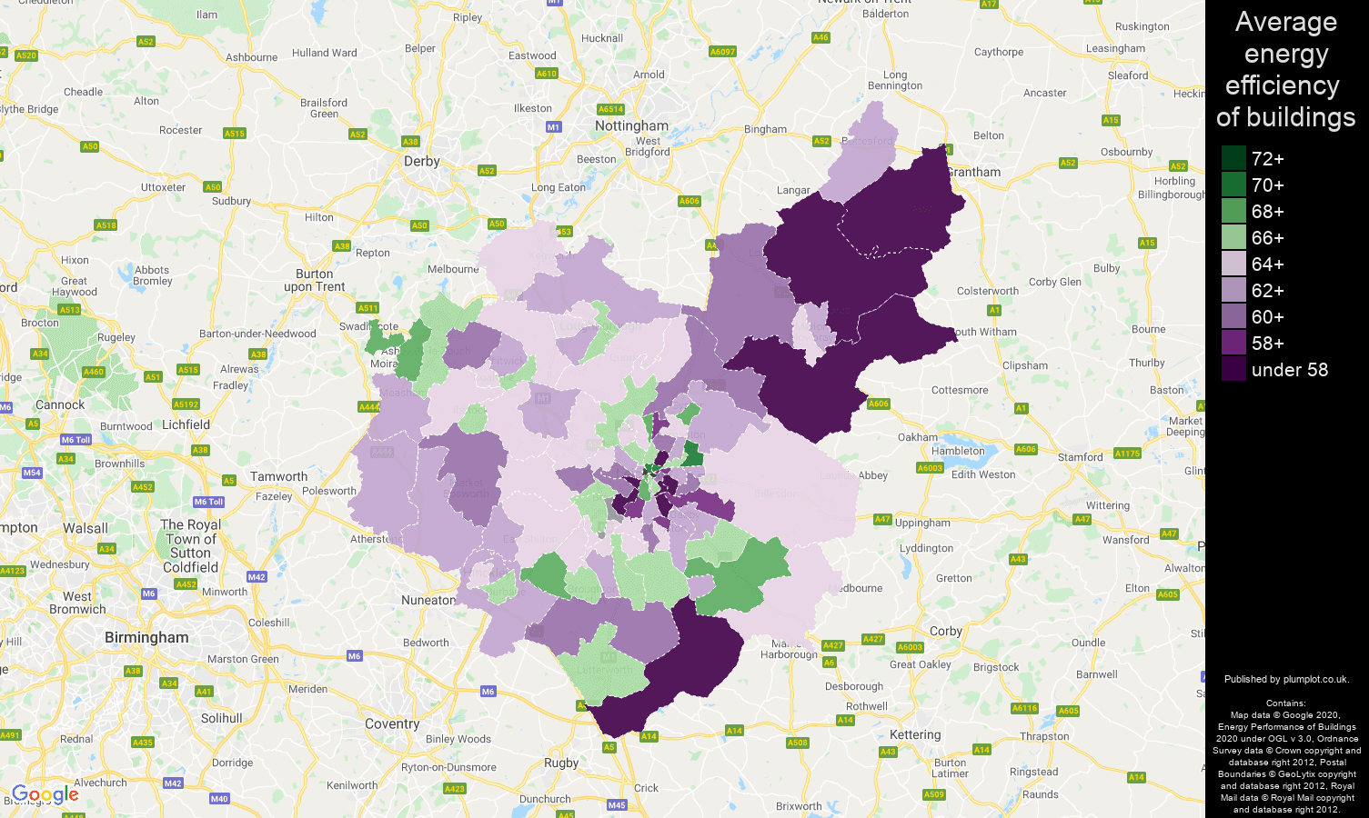 Leicestershire map of energy efficiency of properties