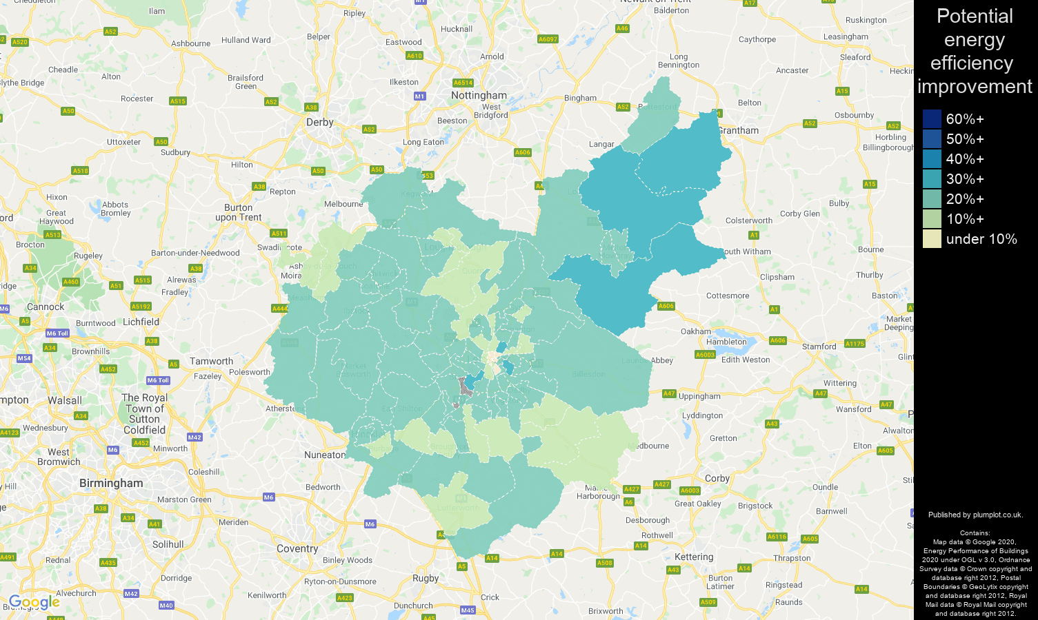 Leicestershire map of potential energy efficiency improvement of properties