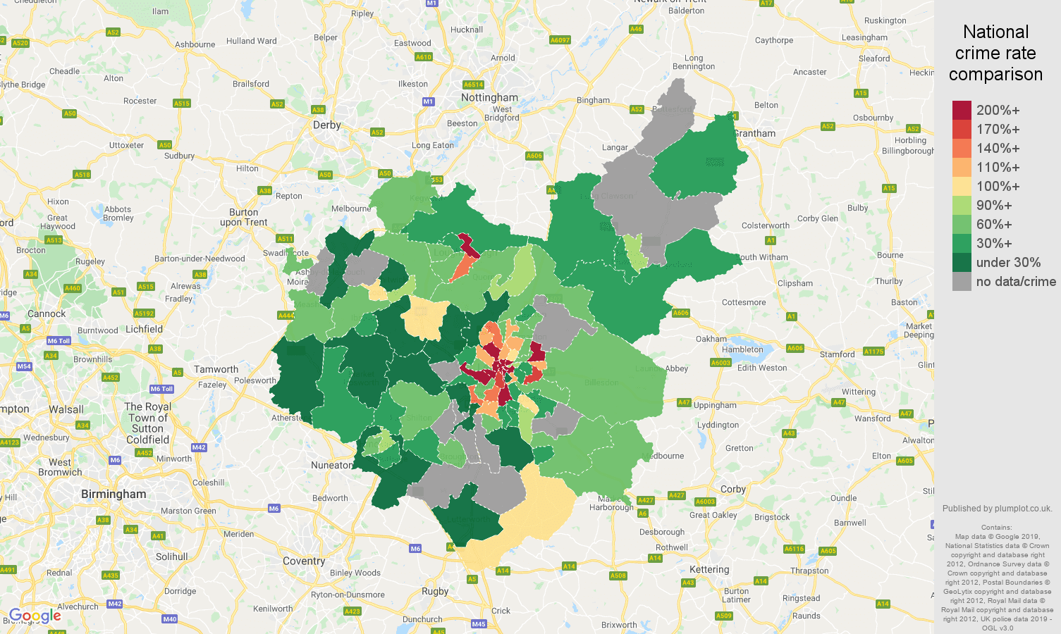 Leicestershire possession of weapons crime rate comparison map