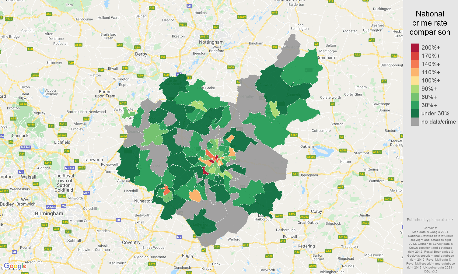 Leicestershire theft from the person crime rate comparison map