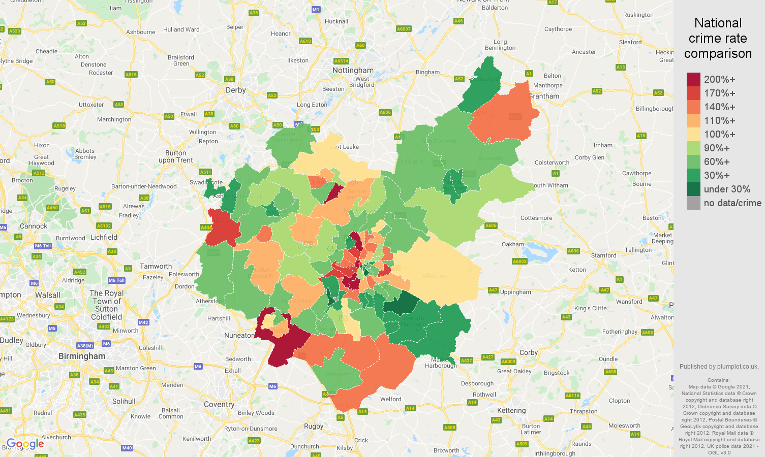 Leicestershire vehicle crime rate comparison map