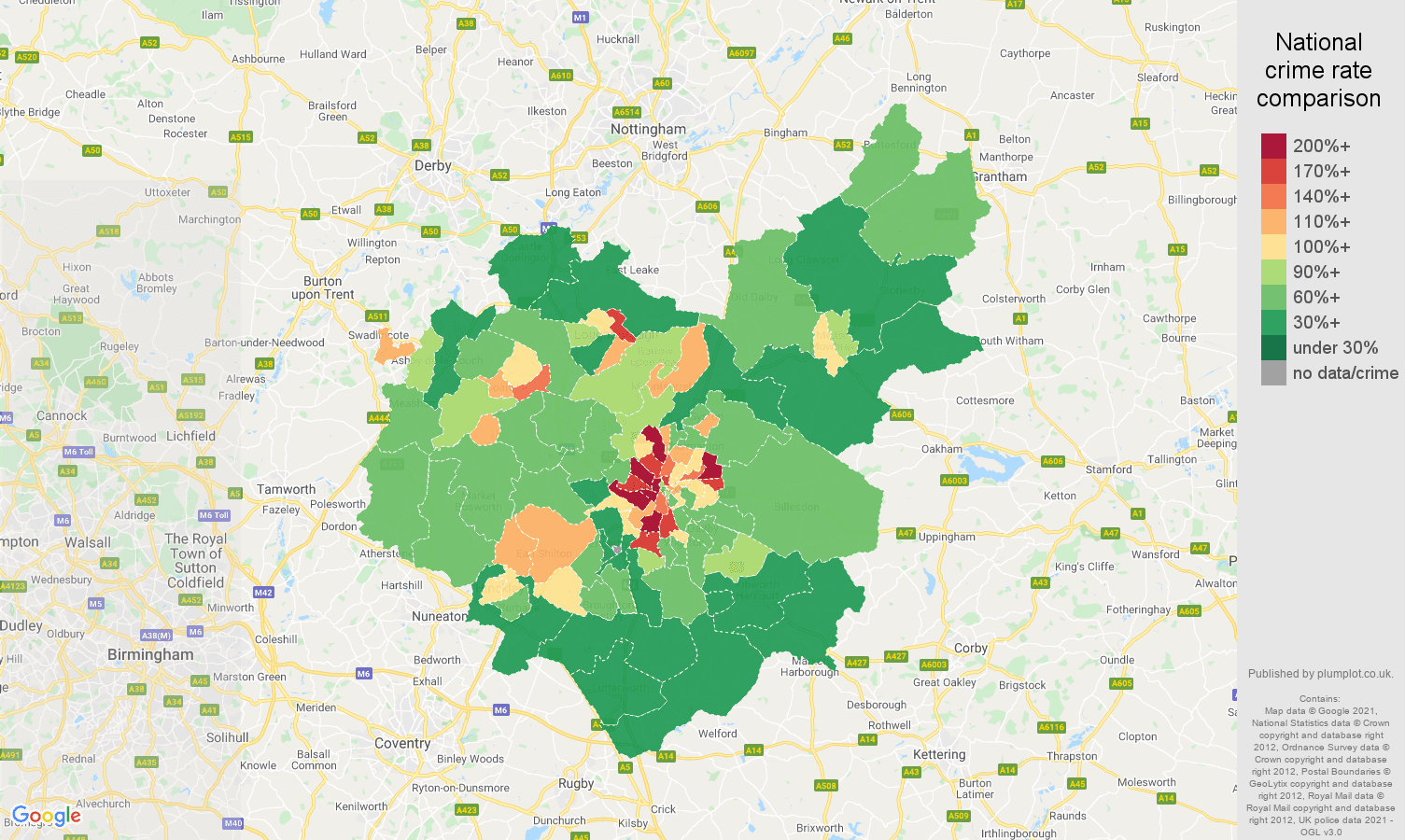 Leicestershire violent crime rate comparison map