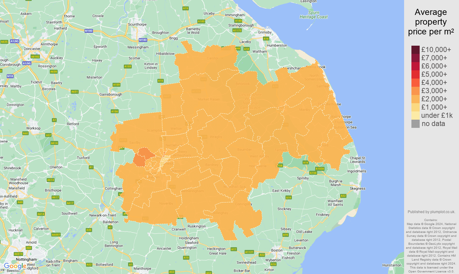 Lincoln house prices per square metre map