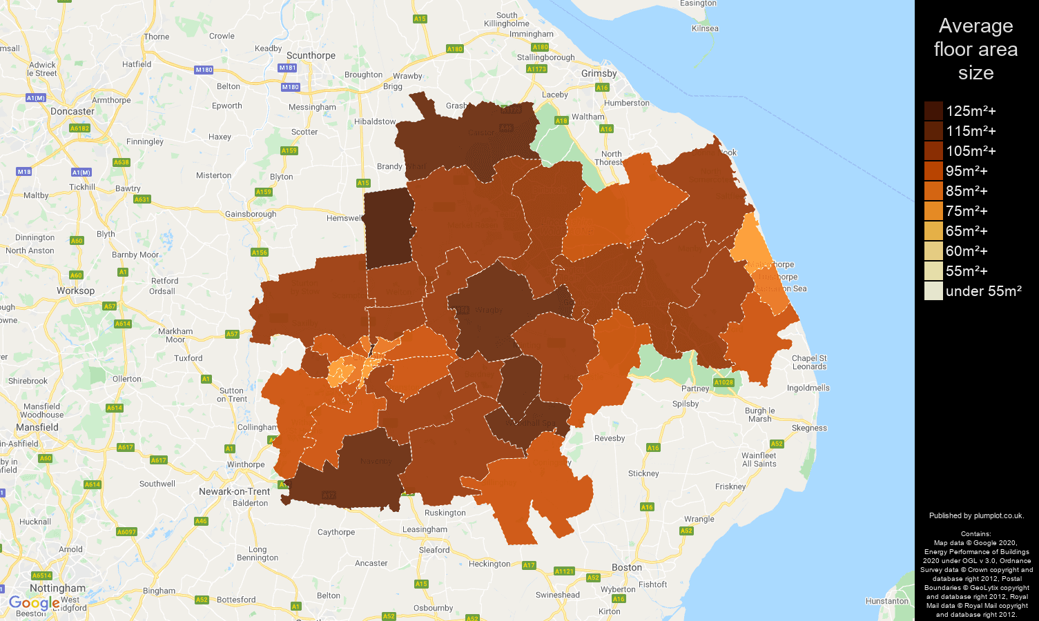 Lincoln map of average floor area size of houses