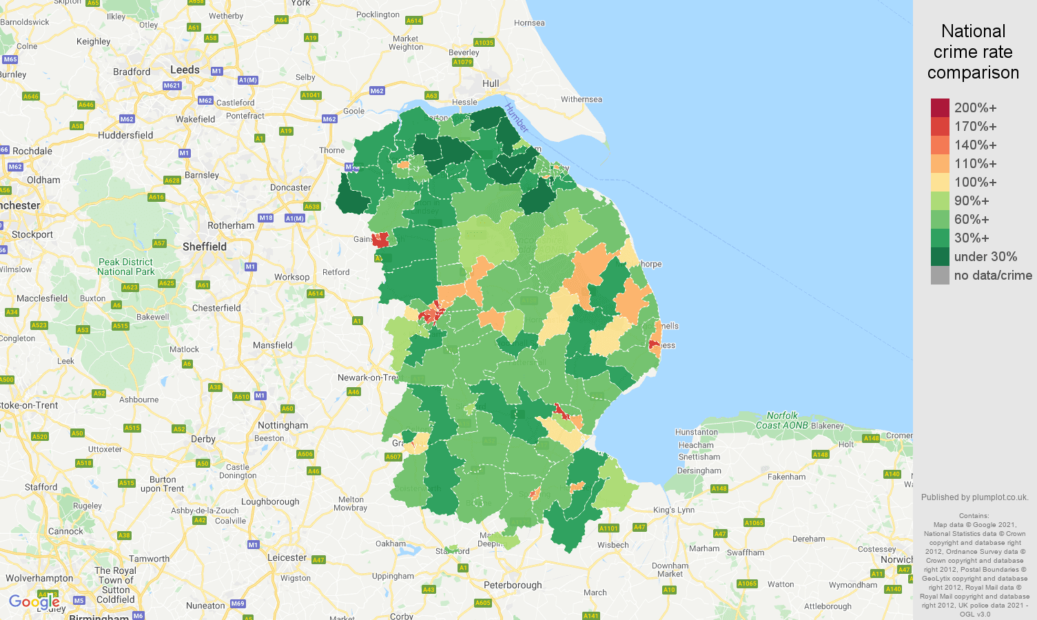Lincolnshire antisocial behaviour crime rate comparison map