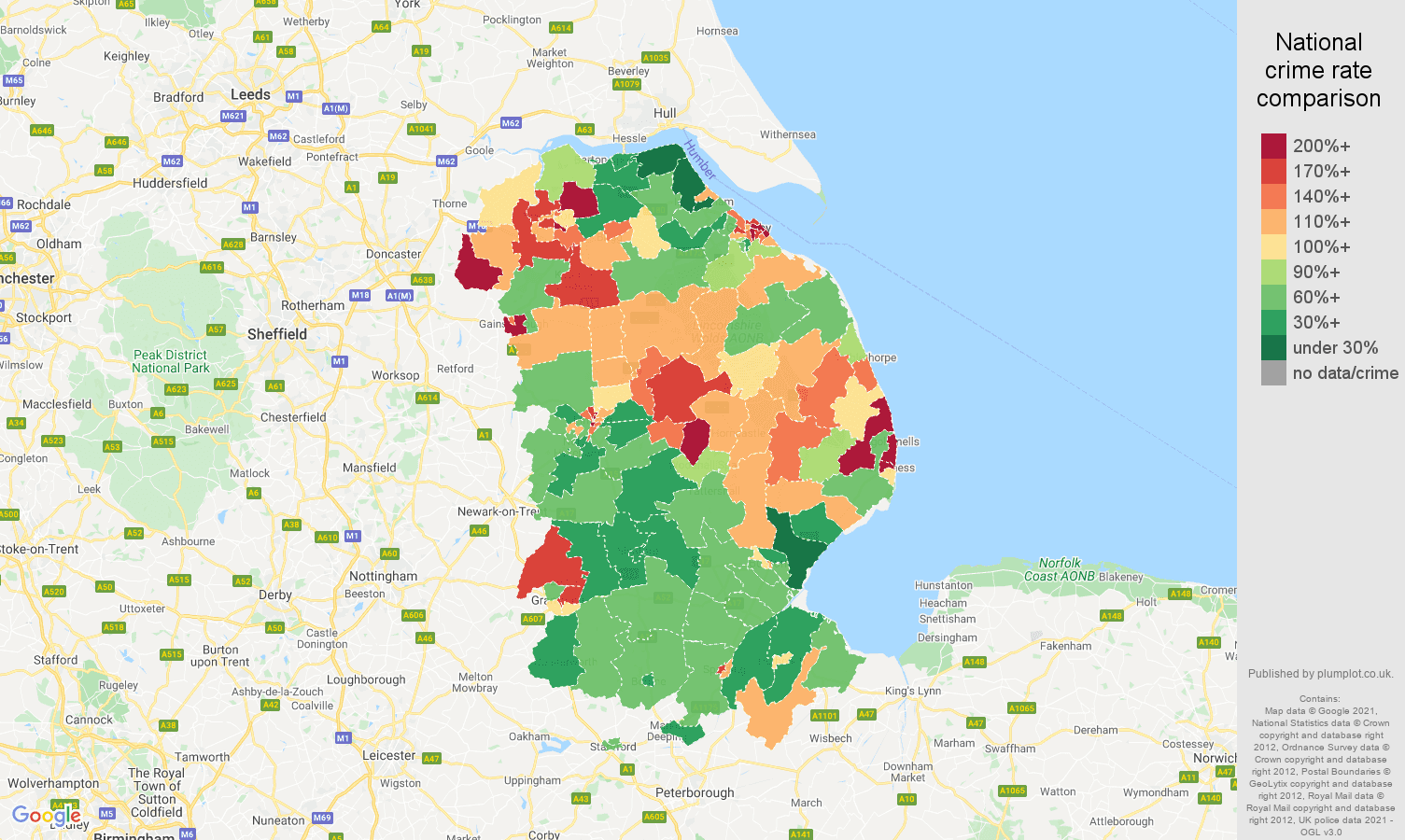 Lincolnshire burglary crime rate comparison map
