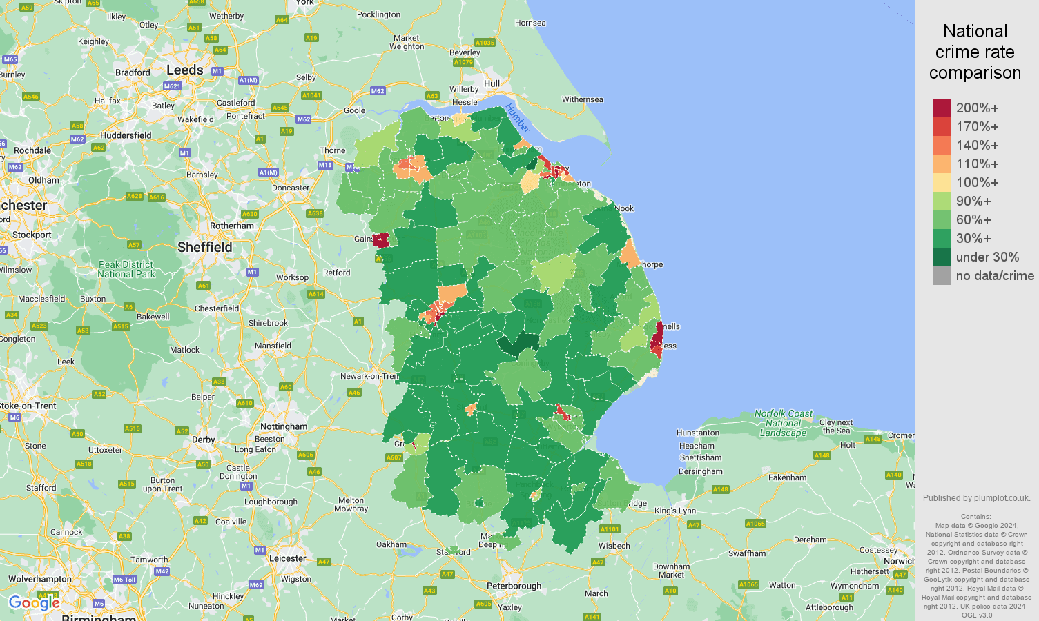 Lincolnshire crime rate comparison map
