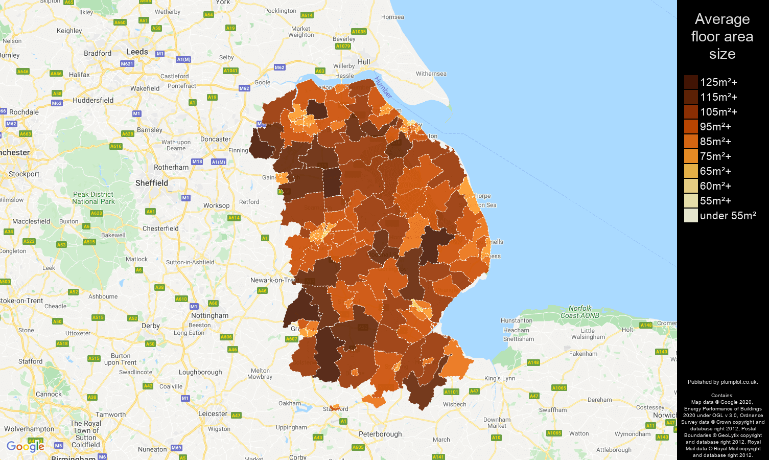 Lincolnshire map of average floor area size of properties