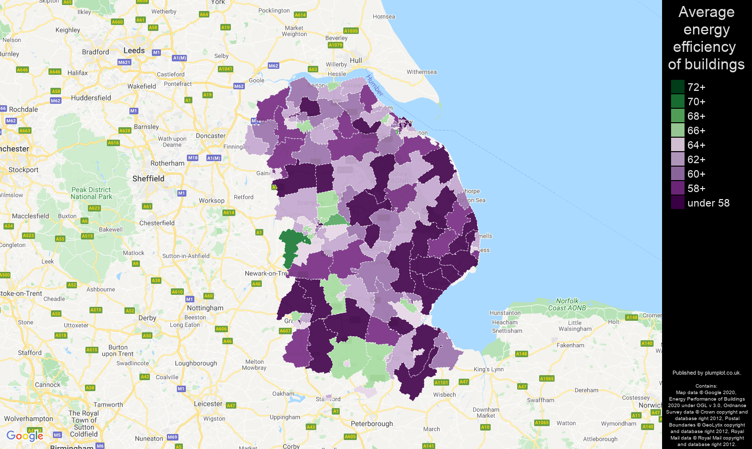 Lincolnshire map of energy efficiency of houses