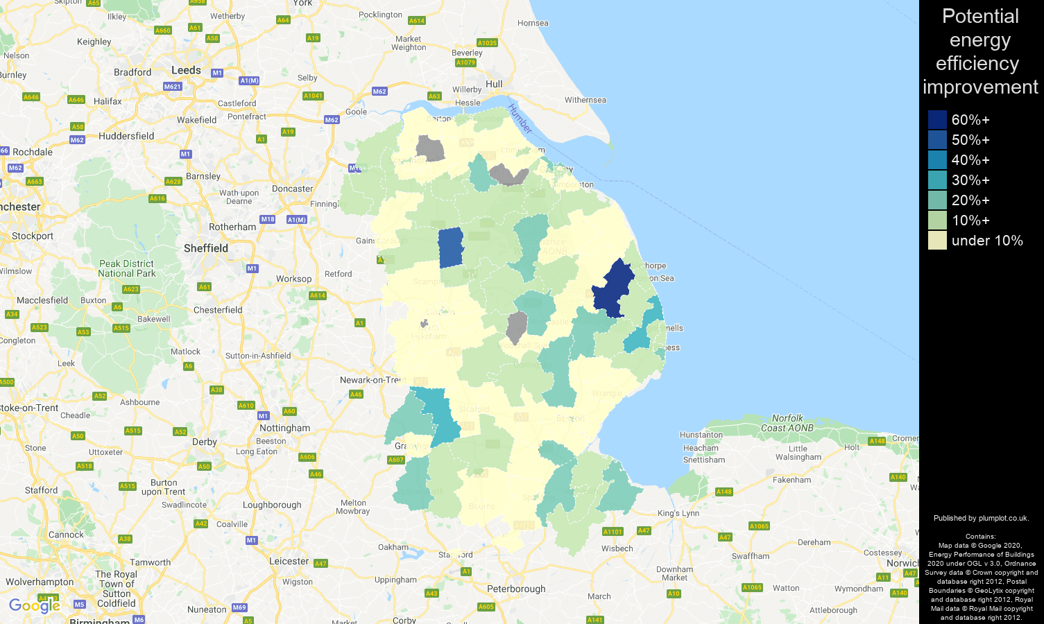 Lincolnshire map of potential energy efficiency improvement of flats