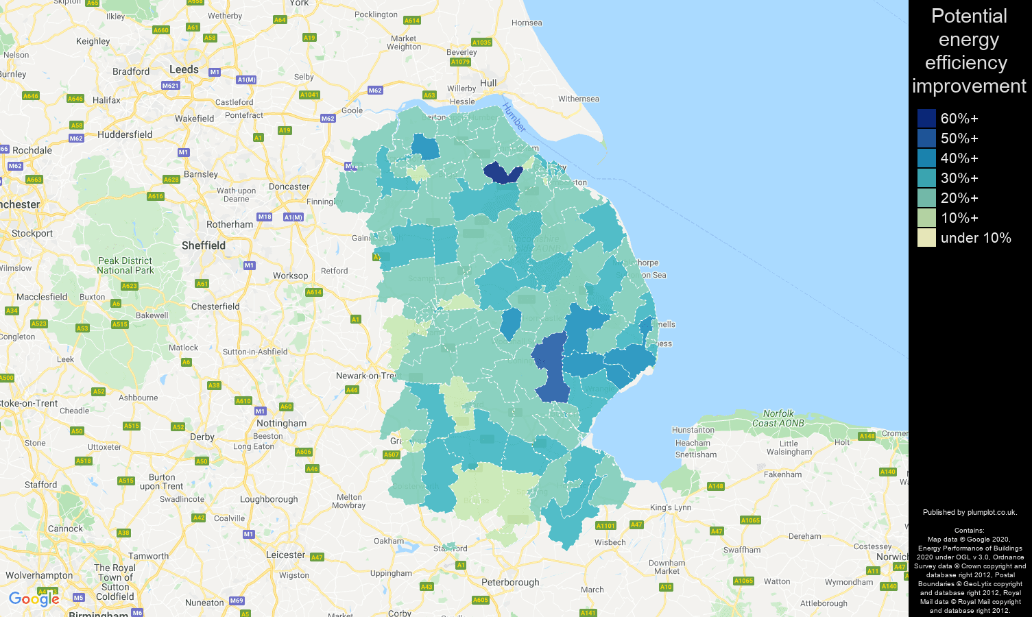 Lincolnshire map of potential energy efficiency improvement of houses