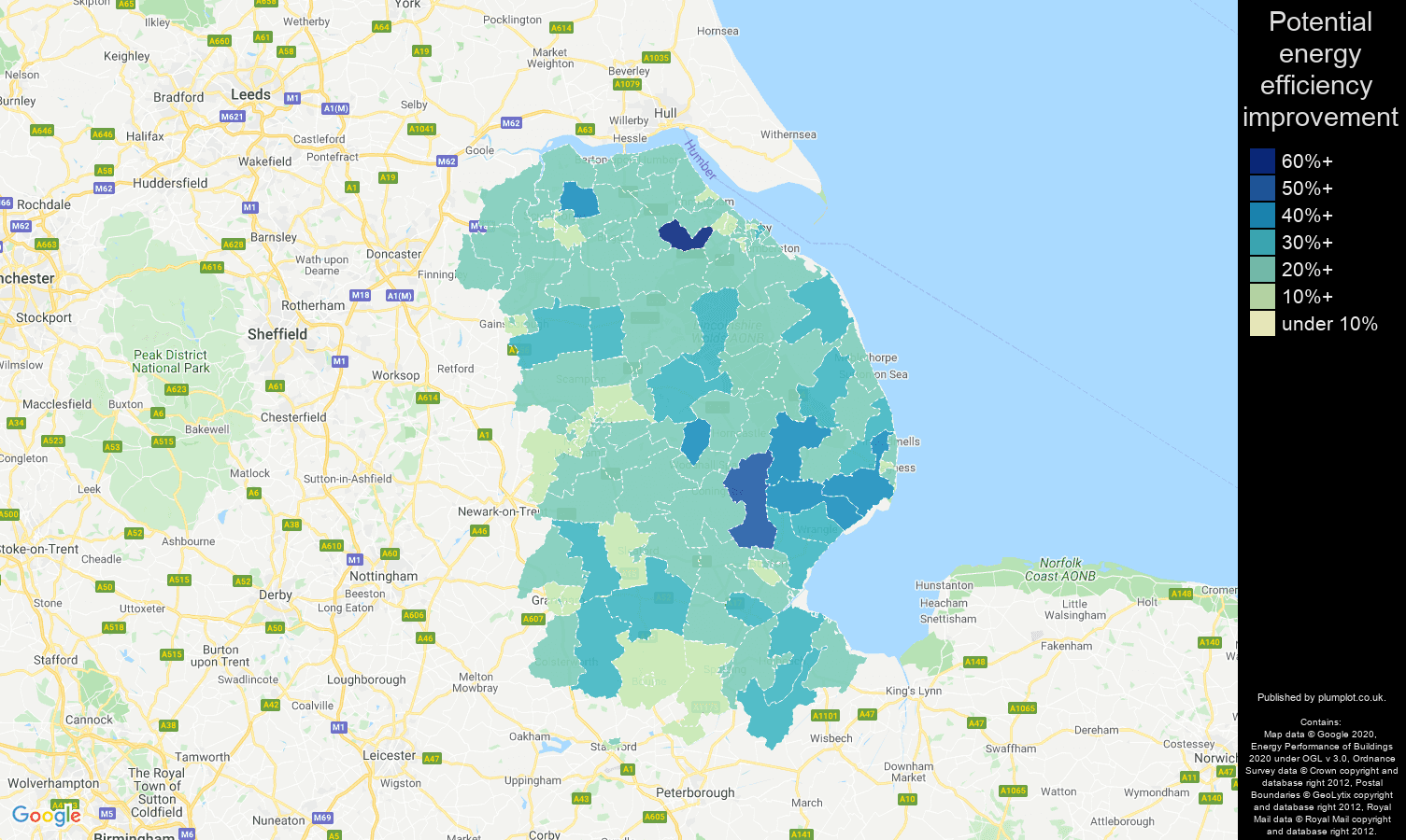 Lincolnshire map of potential energy efficiency improvement of properties